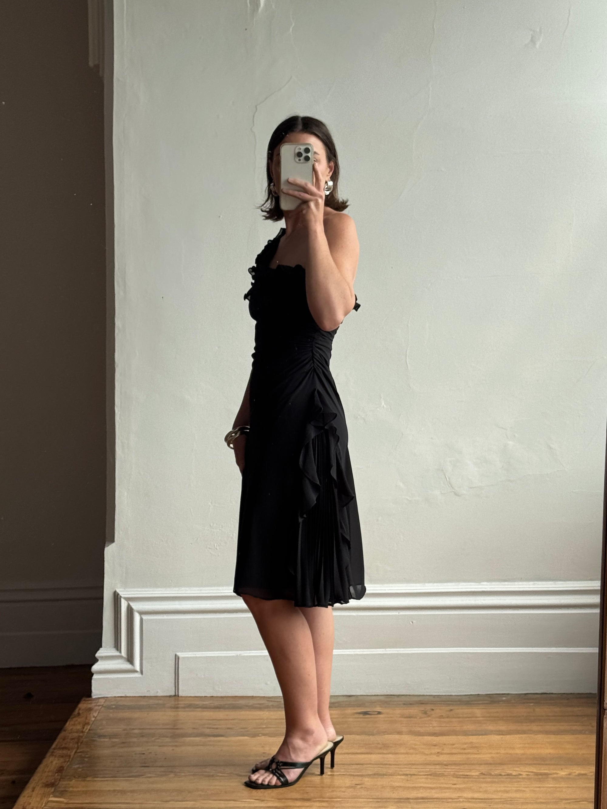 Vintage 90s One Shoulder Ruffle Jersey Dress Noir