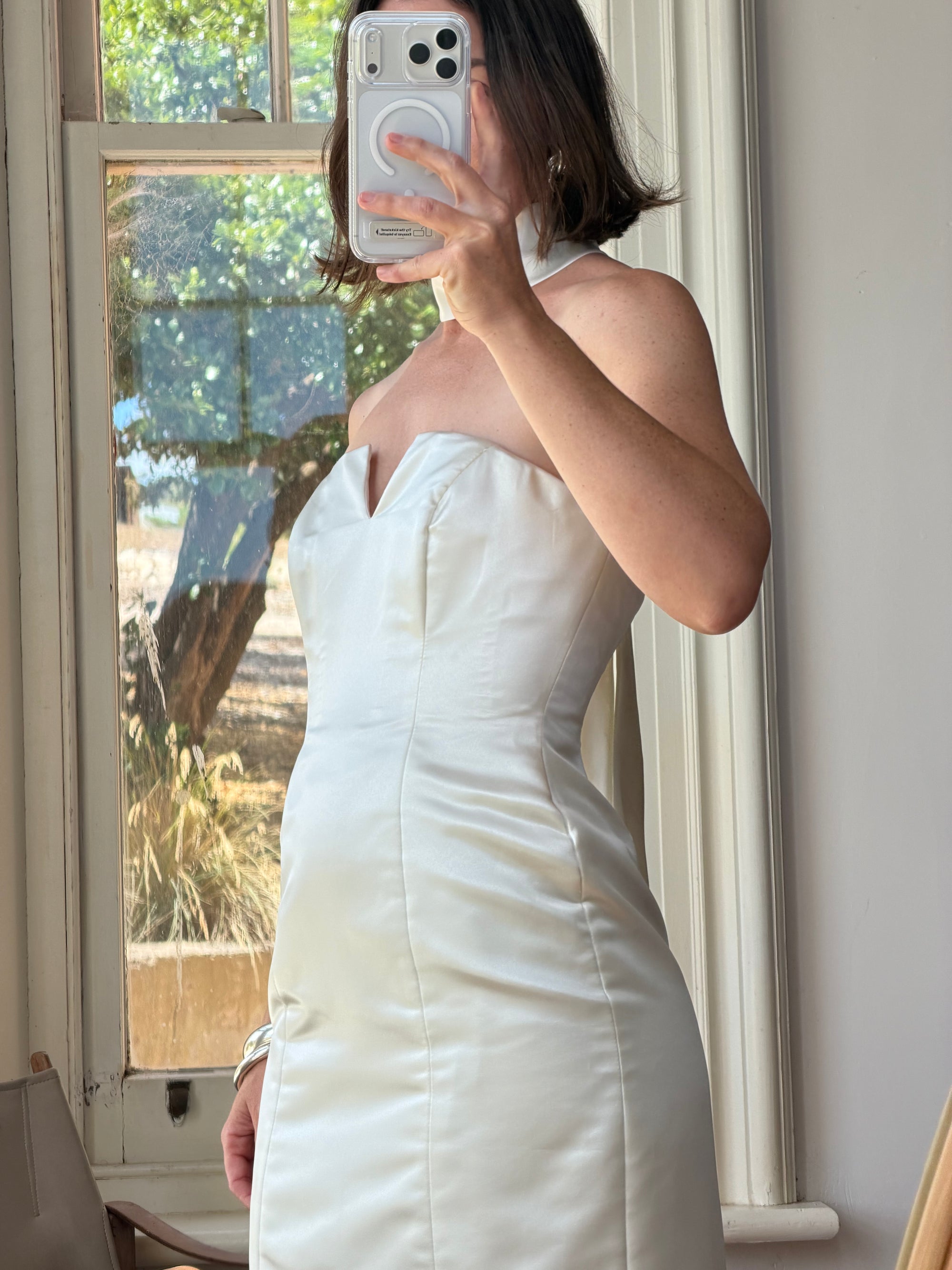 Vintage 90s Satin Strapless Bridal Midi With Neck Tie