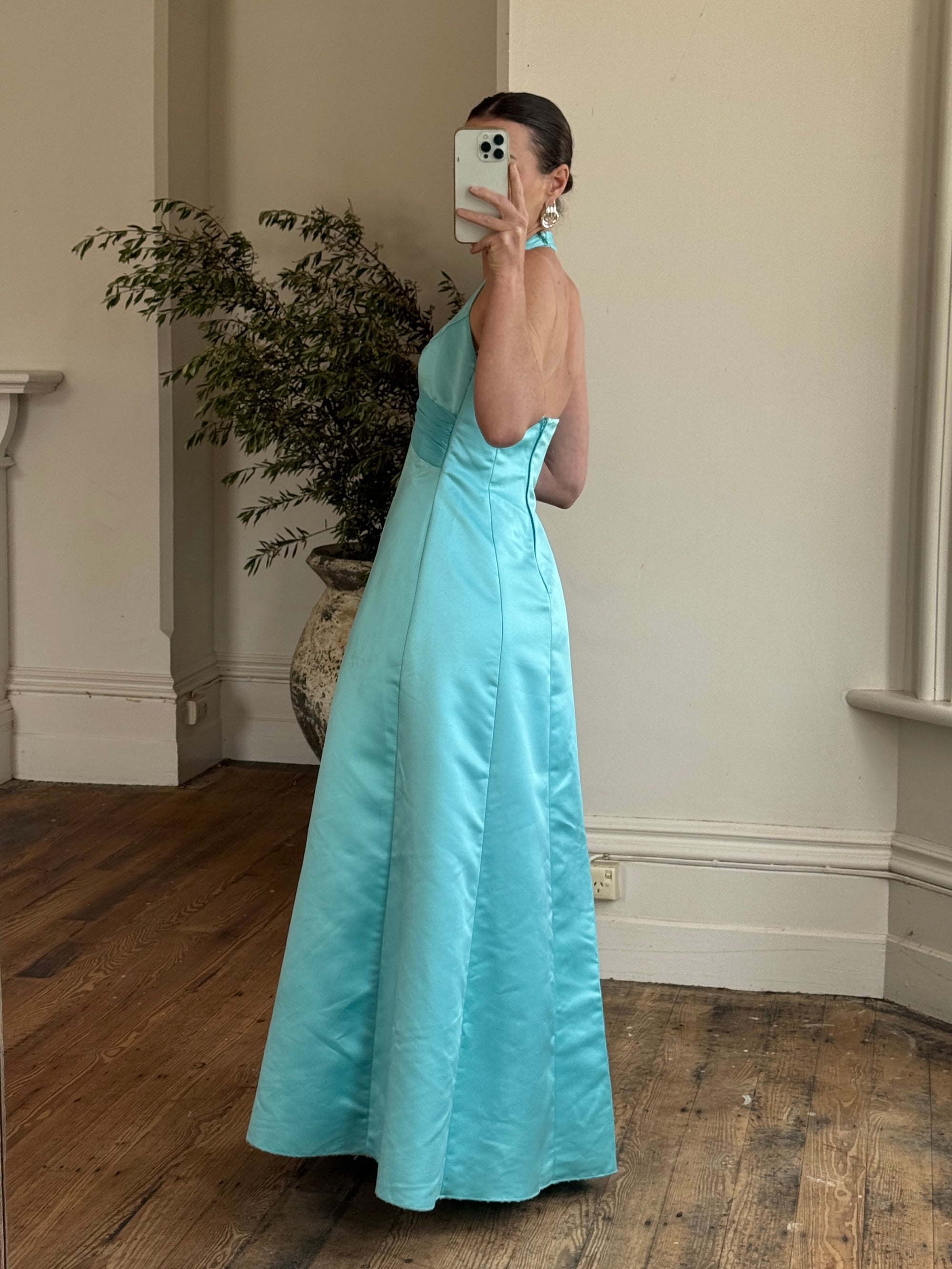 Vintage 90s A-Line Aqua Prom Dress with Rhinestones