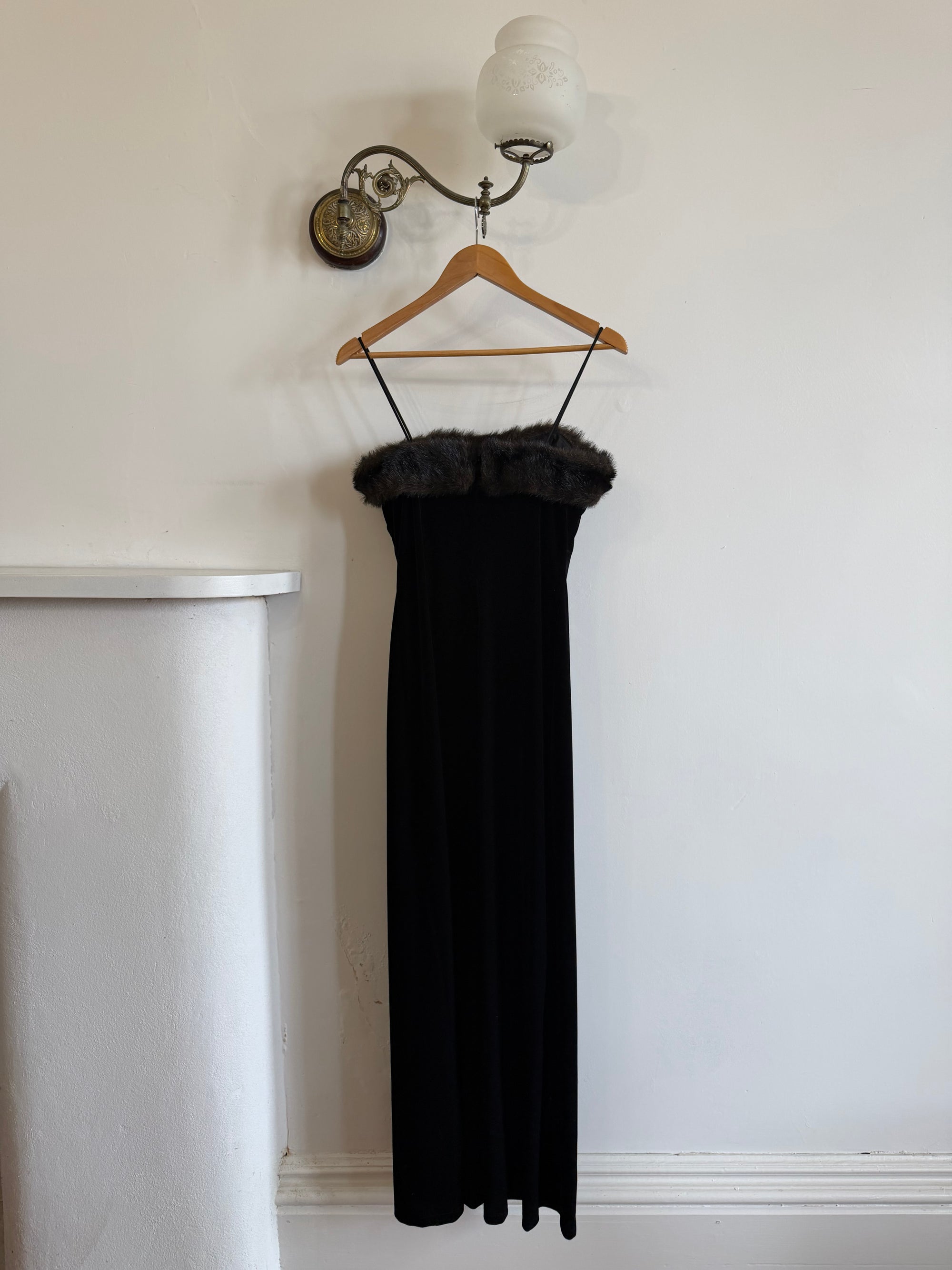 Vintage 90s Velvet Bodycon Maxi Dress with Fur Trim
