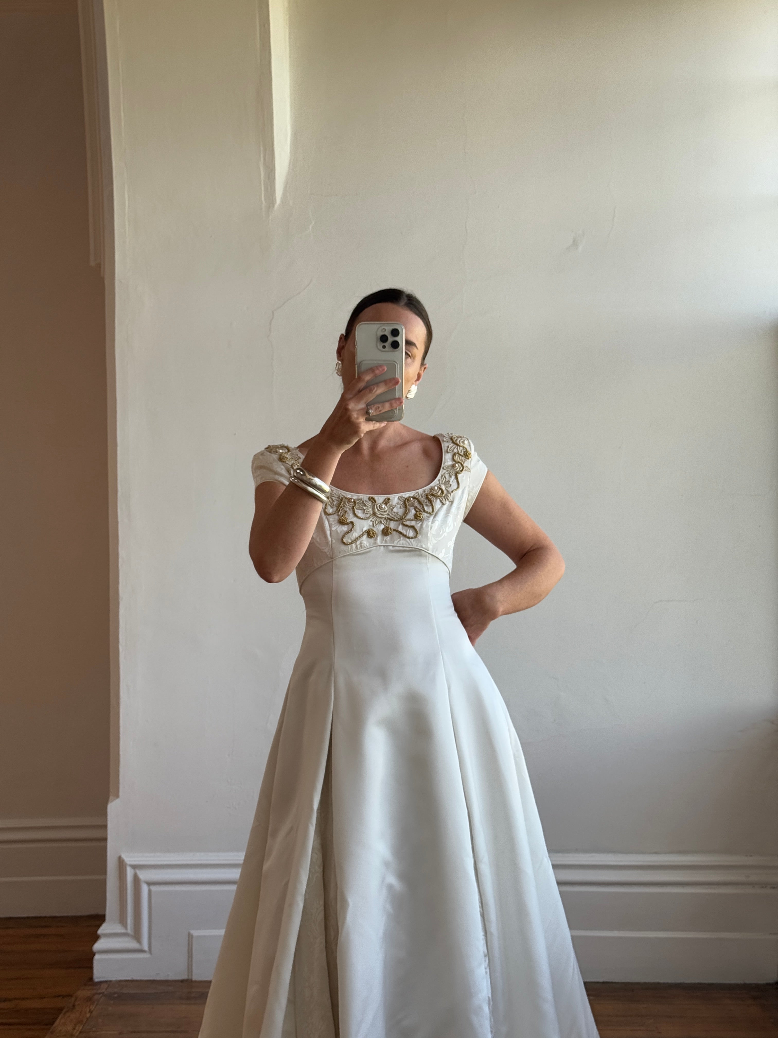 Vintage 90s Golden Brocade Cap Sleeve Wedding Gown