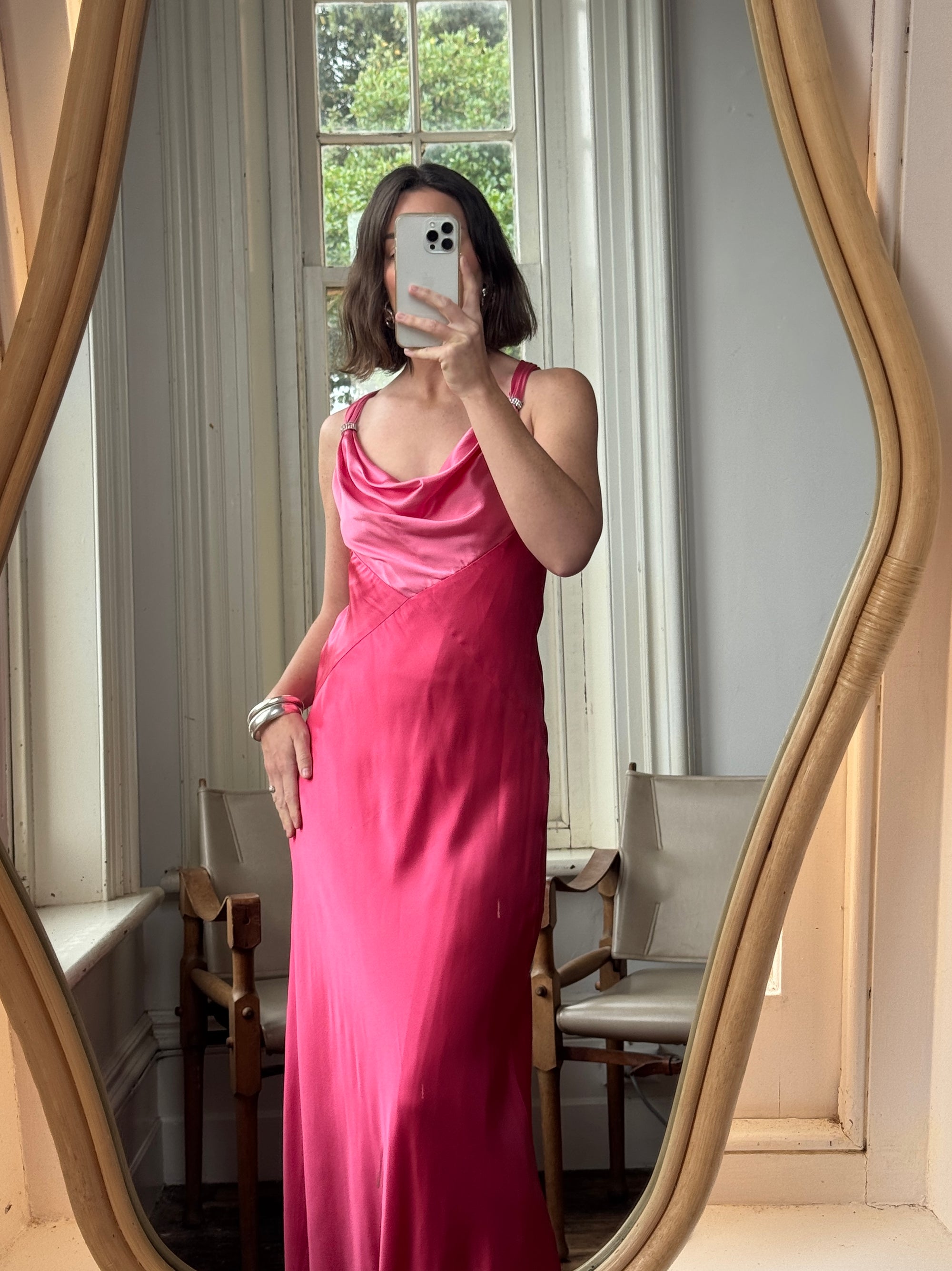 Vintage 90s Pure Silk Bias Cut Slip Dress With Rhinestones Hot Pink