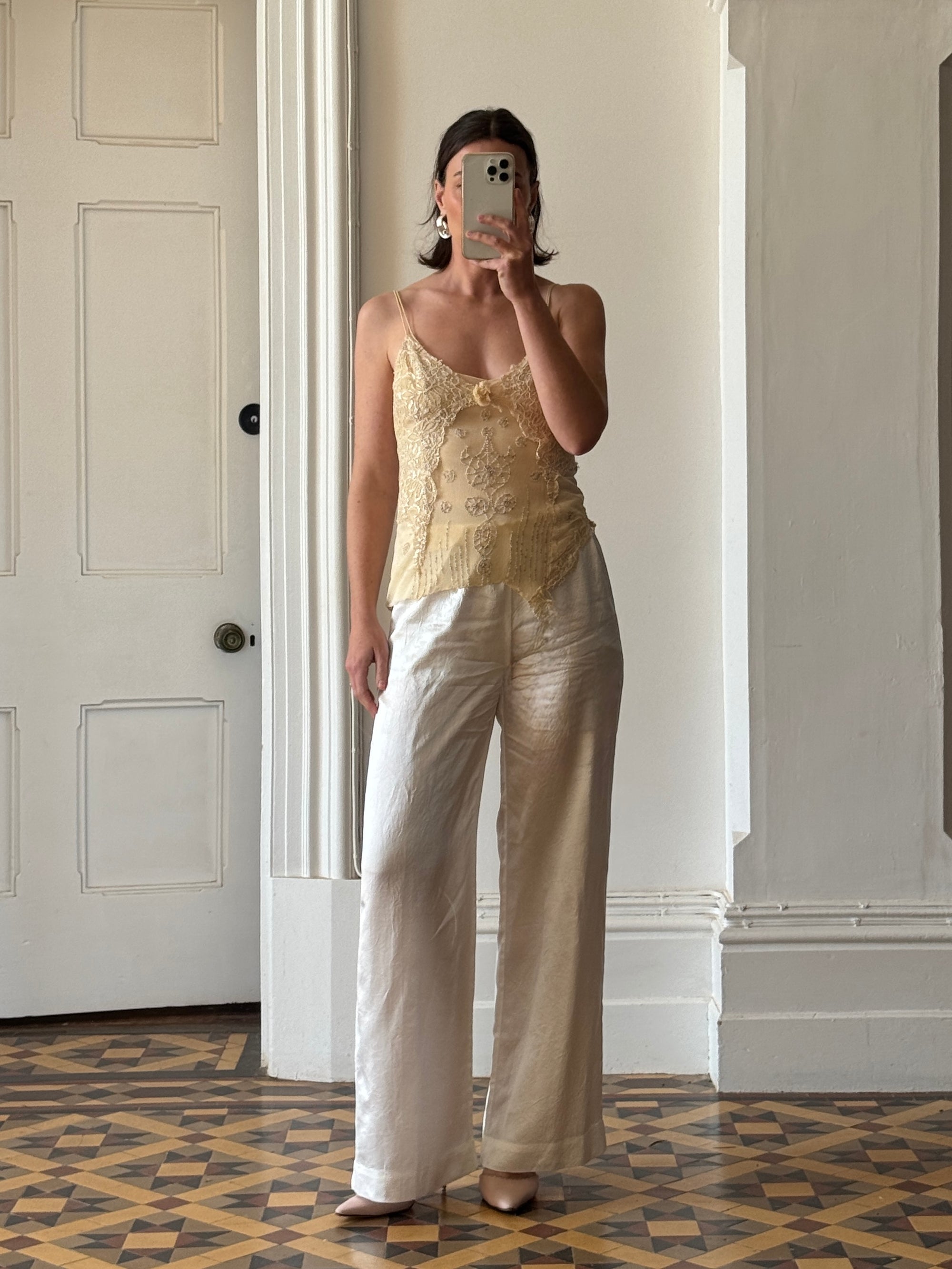 Vintage 90s DKNY Pure Silk Embroidered Camisole Creme