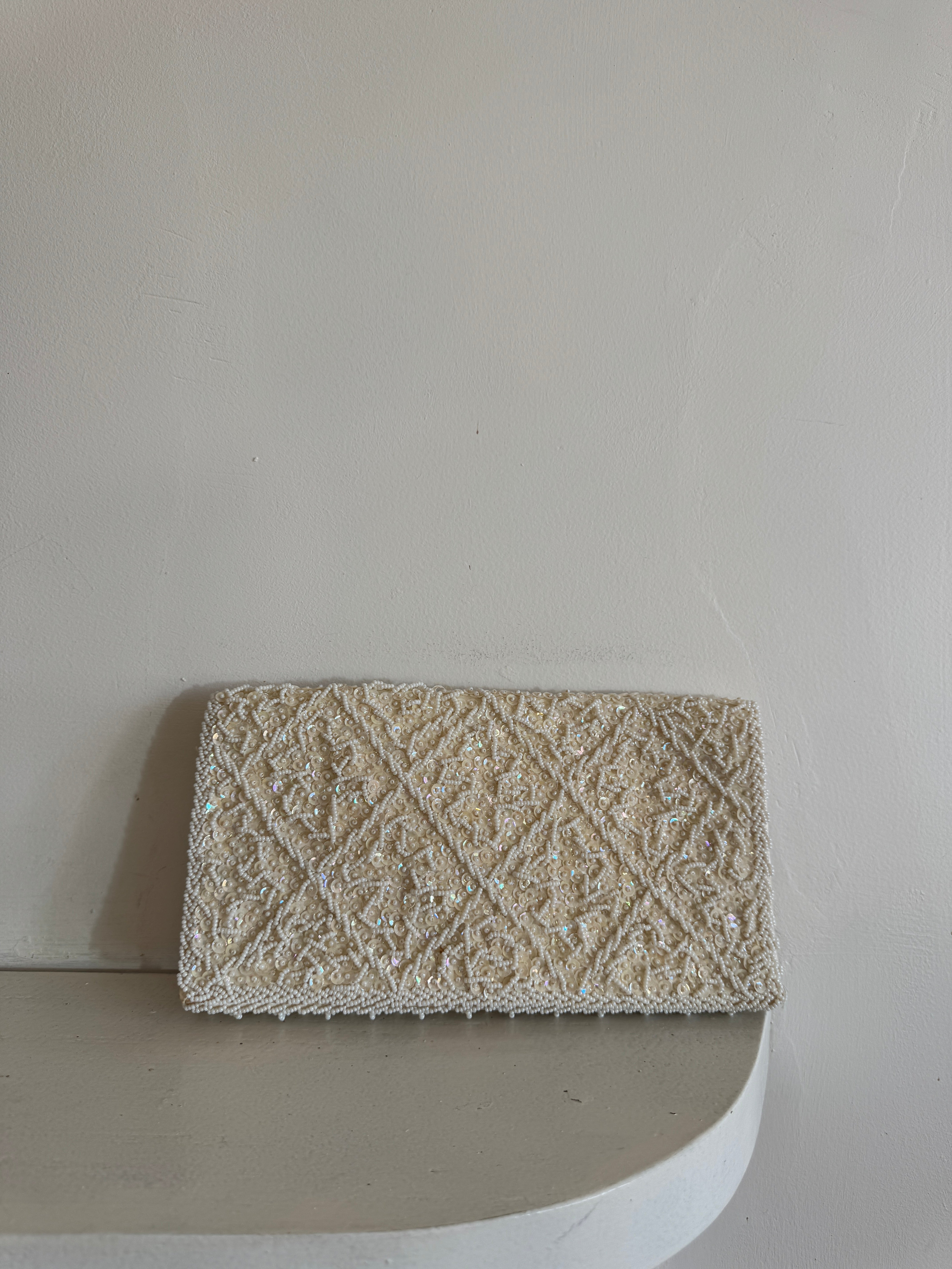 Vintage Stardust Rectangle Beaded Clutch Ivory