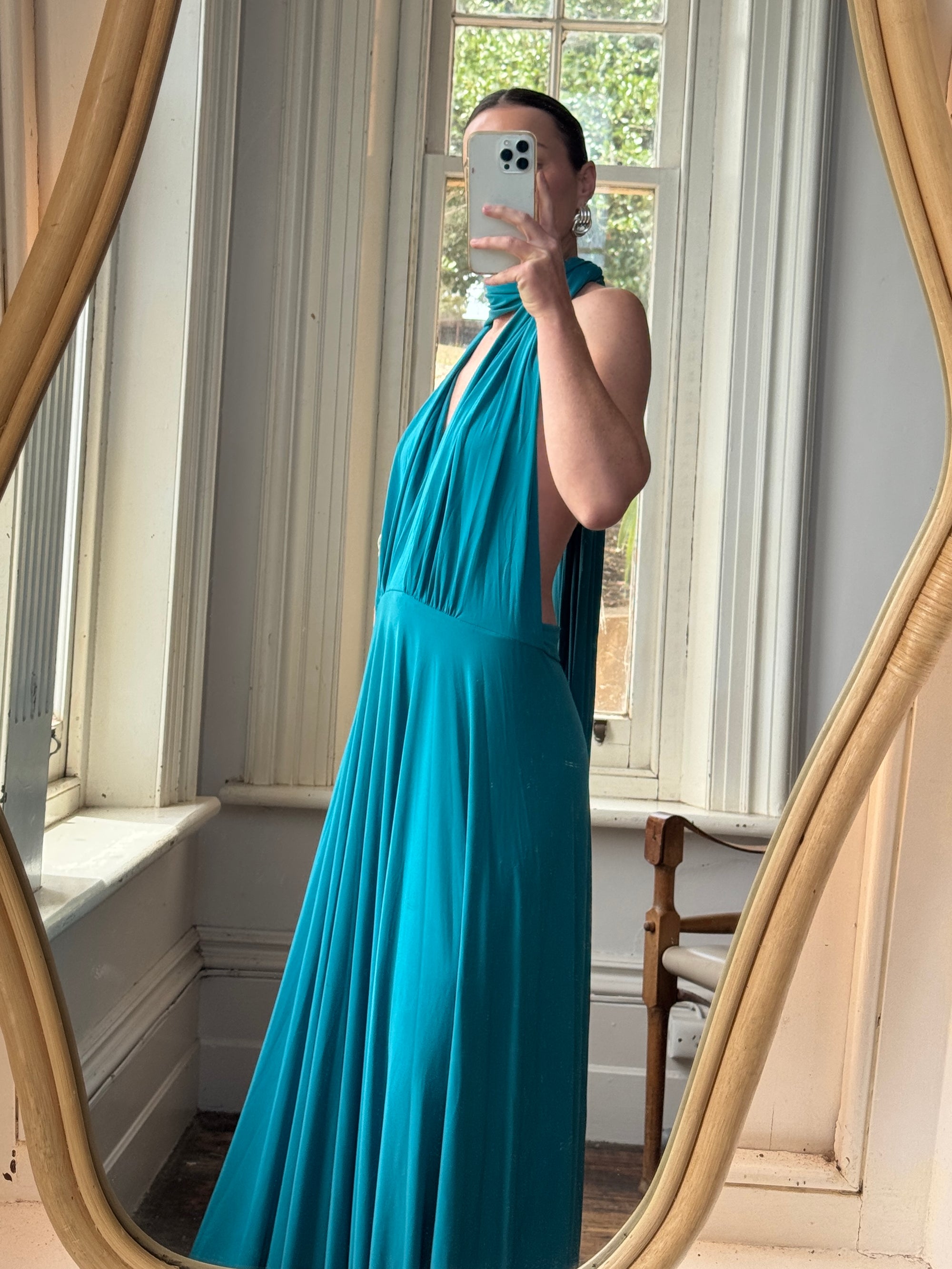 Vintage Y2K Plunging Jersey Multiwear Maxi Dress Teal