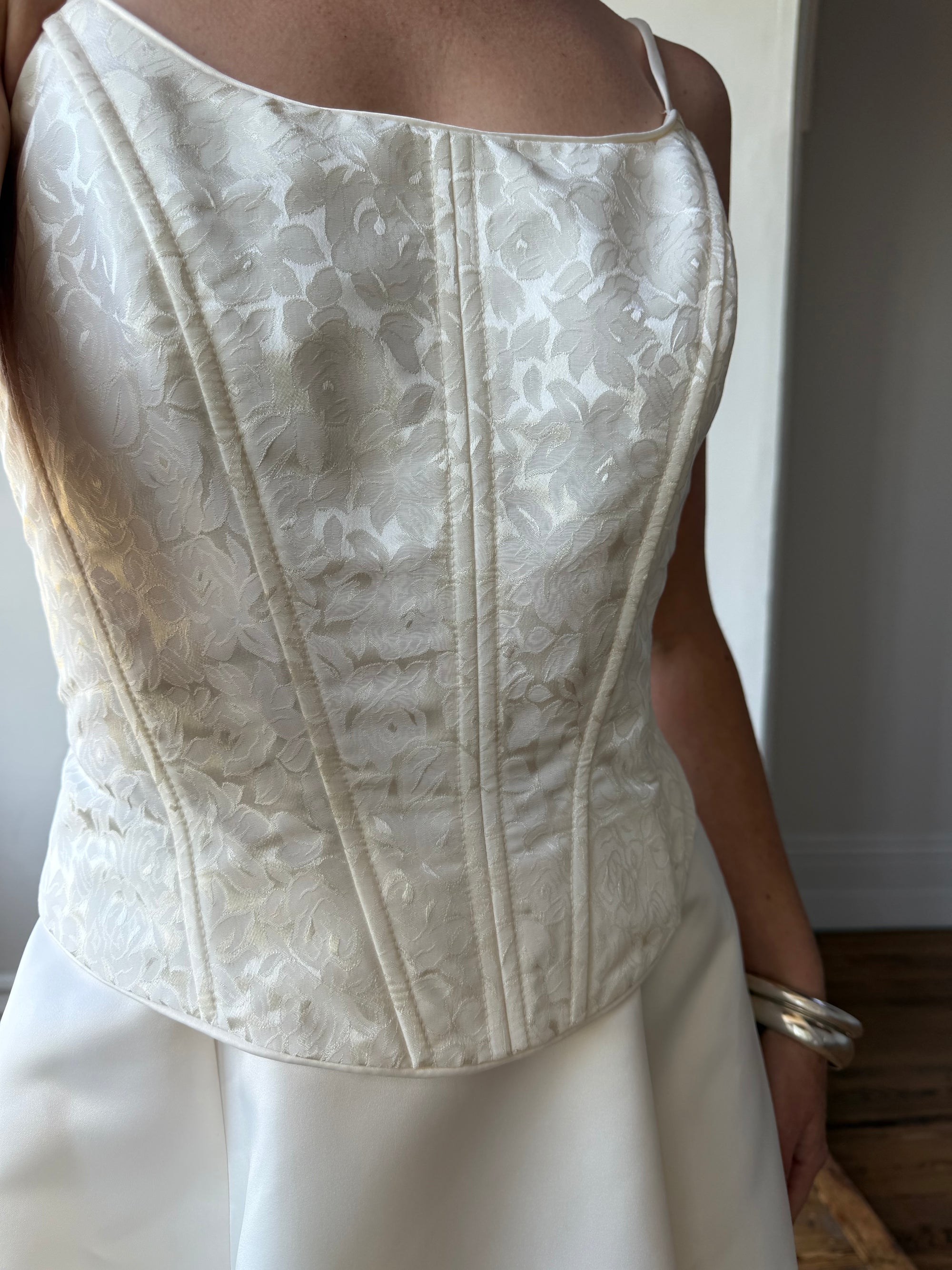 Vintage 90s Brocade Corset Satin Bridal Gown Champagne