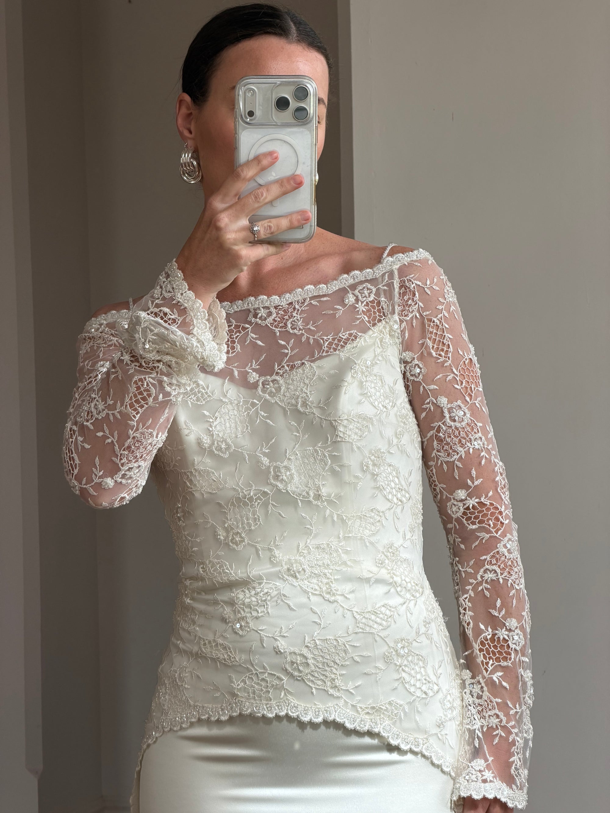 Vintage 90s Italian Beaded Lace and Satin Wedding Gown