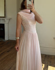 Vintage 60s Chiffon Gathered Pale Pink Maxi Gown