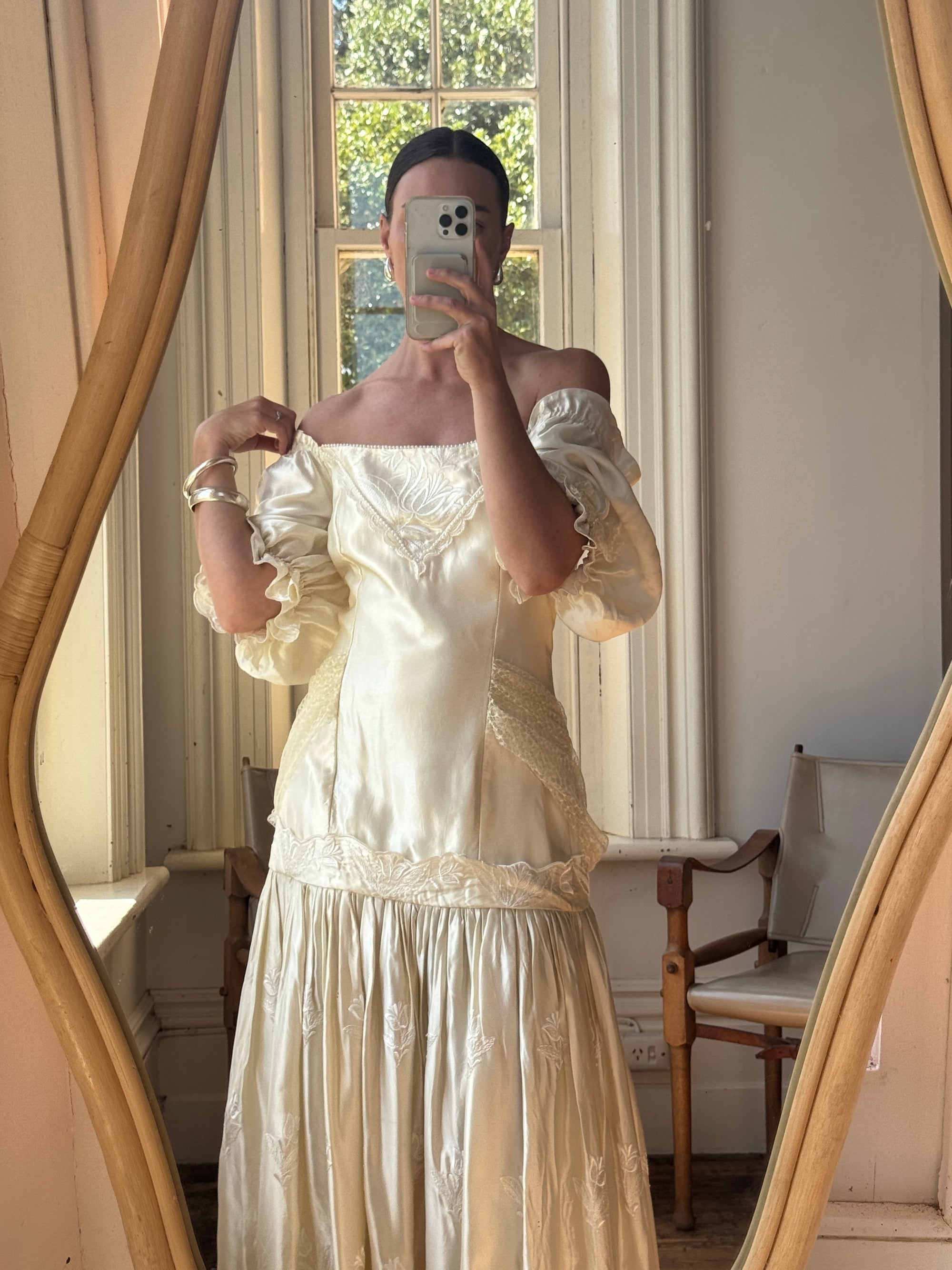 Vintage 80s Drop Waist Satin Jacquard Wedding Dress
