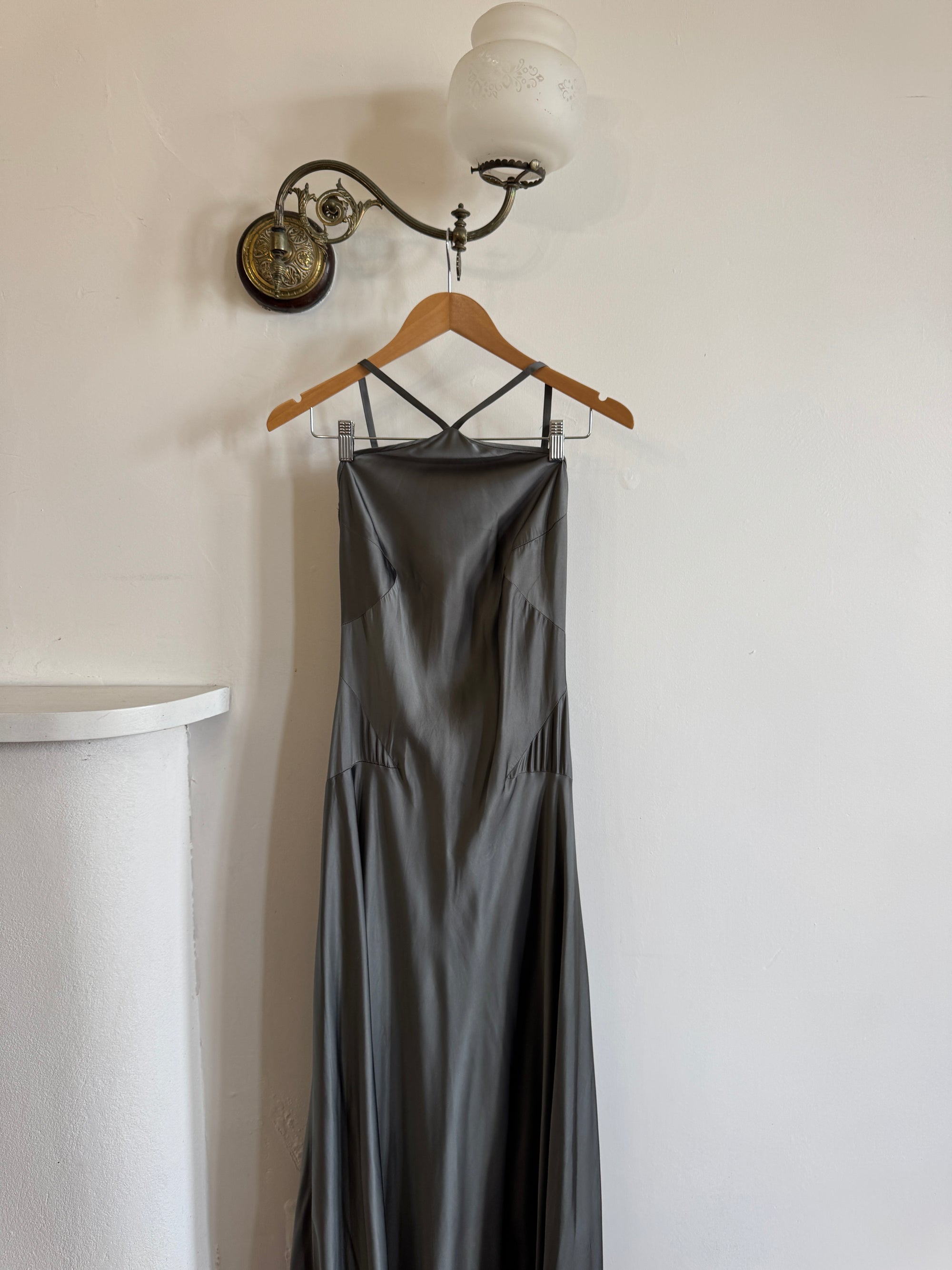 Vintage 90s Slinky Halter Bias Slip Gown Gunmetal