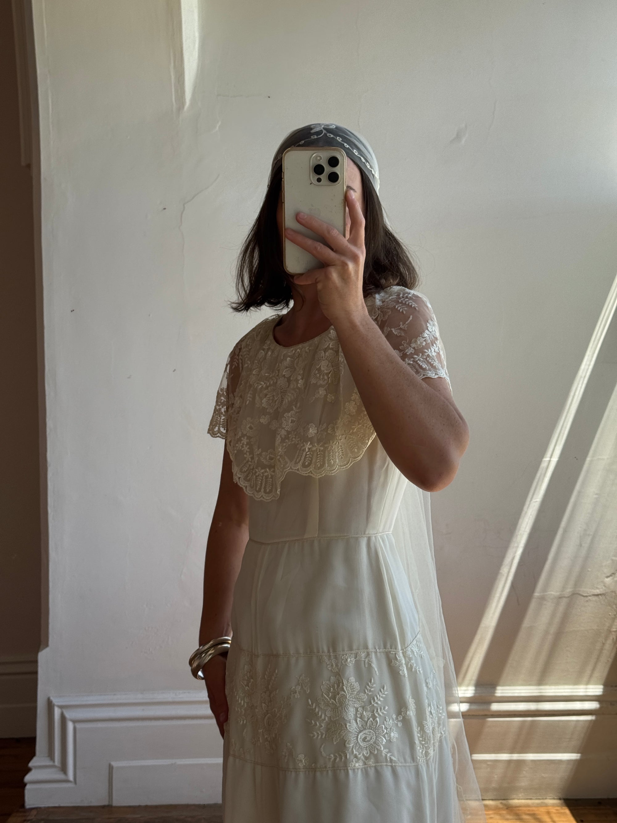 Vintage 70s Creme Tiered Lace Wedding Dress with Pleats