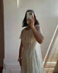 Vintage 70s Creme Tiered Lace Wedding Dress with Pleats