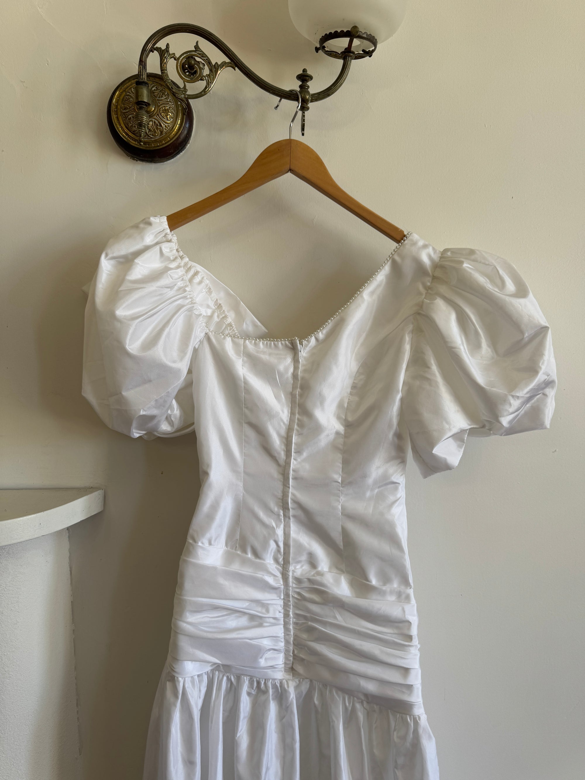 Vintage 80s Asymmetrical Taffeta Drop Waist Wedding Dress