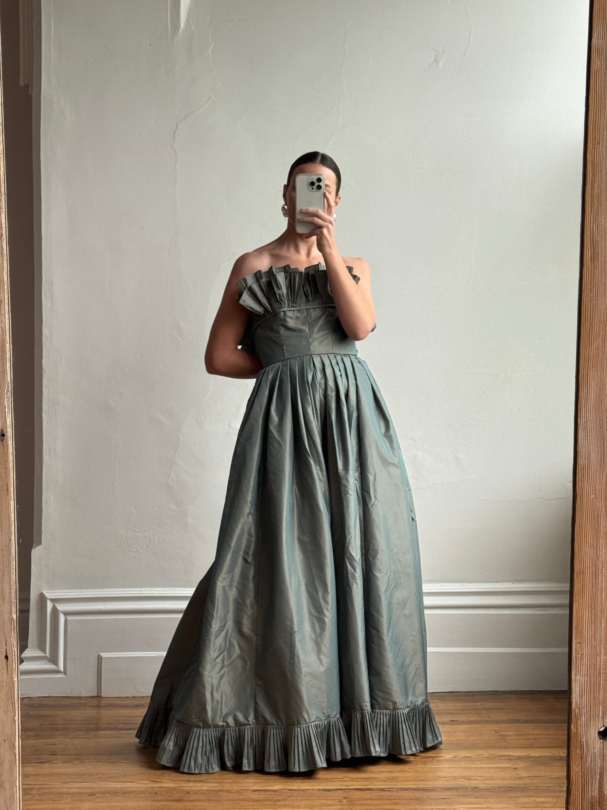 Vintage 80s Taffeta Pleated Strapless Gown Slate