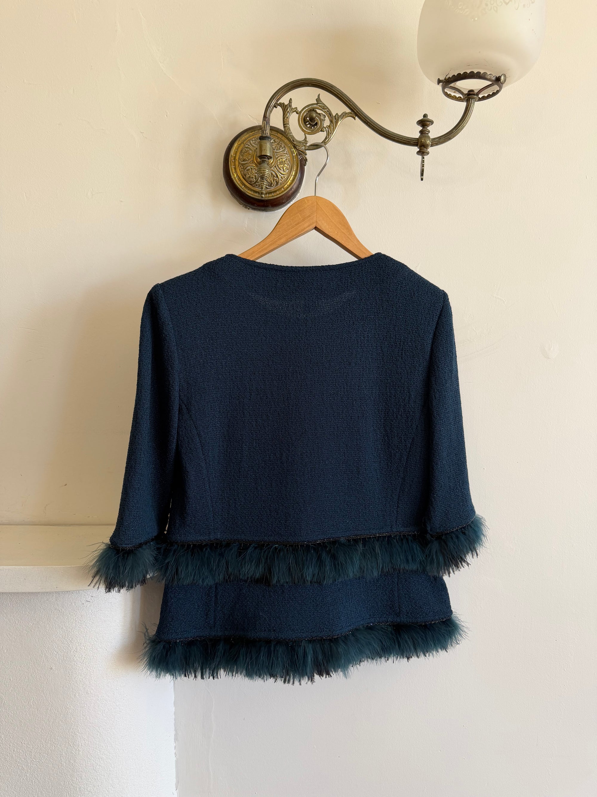 Vintage 90s Couture Ostrich Feather Jacket Navy