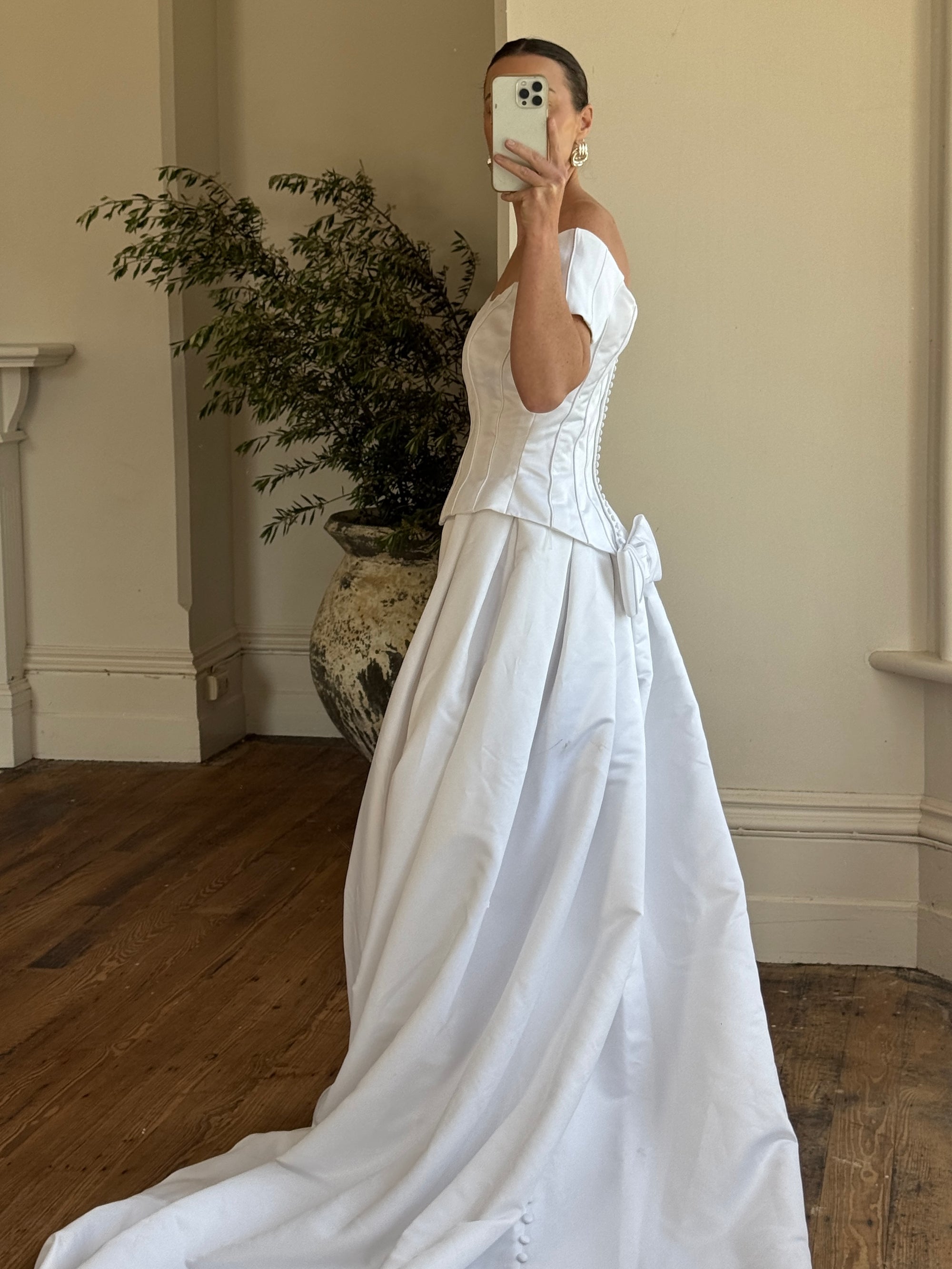 Vintage 90s Off Shoulder Box Pleat Wedding Gown