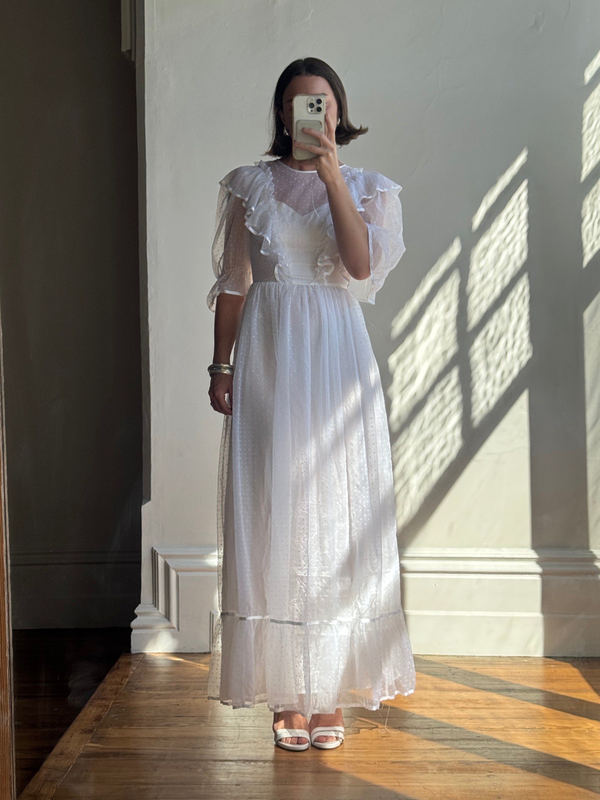 Vintage 70s Polka Chiffon Frill Wedding Dress