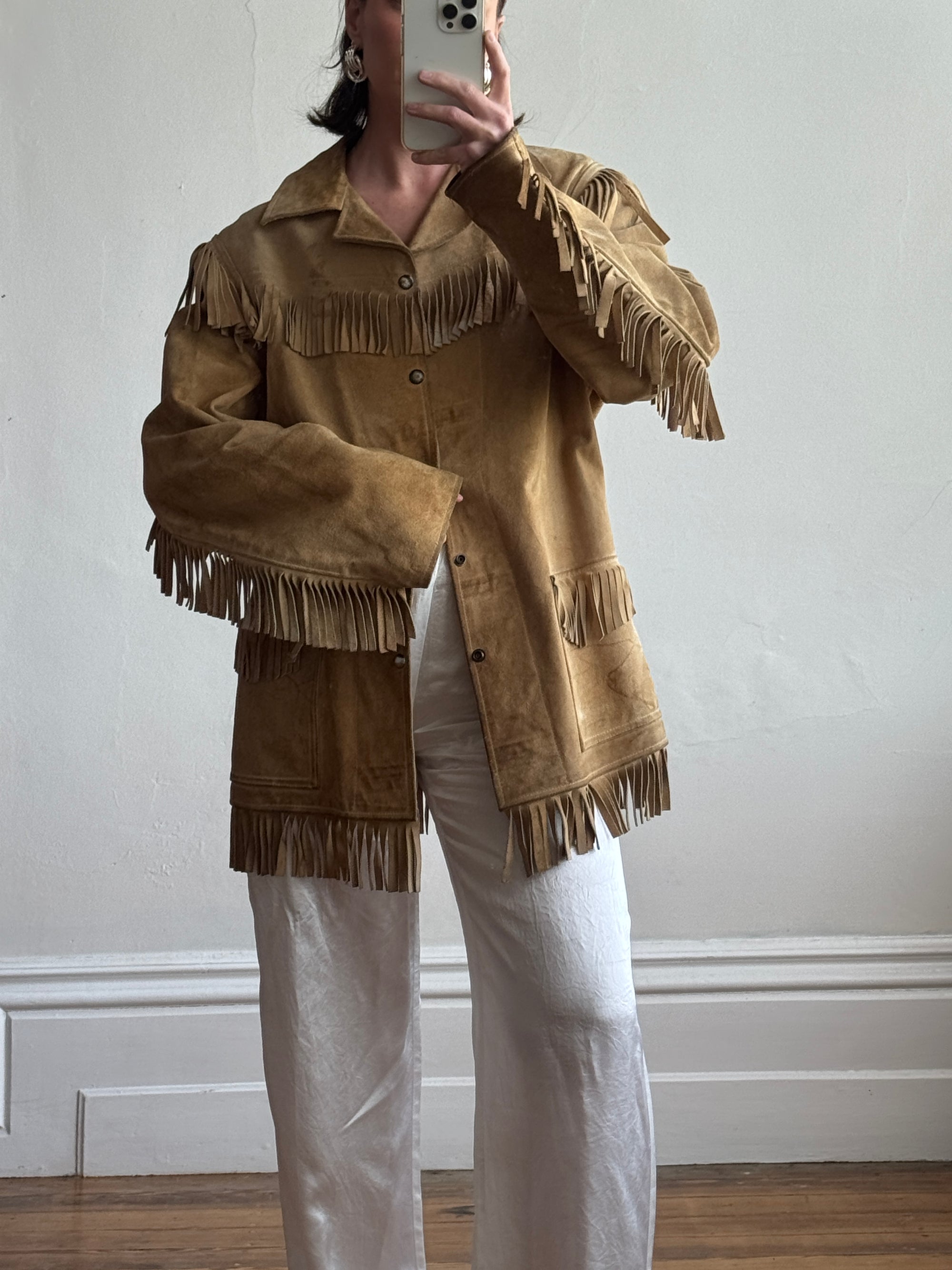 Vintage 70s Western Fringe Suede Leather Jacket Tan