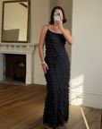 Vintage 90s Pure Silk Tiered Ruffle Dress Navy