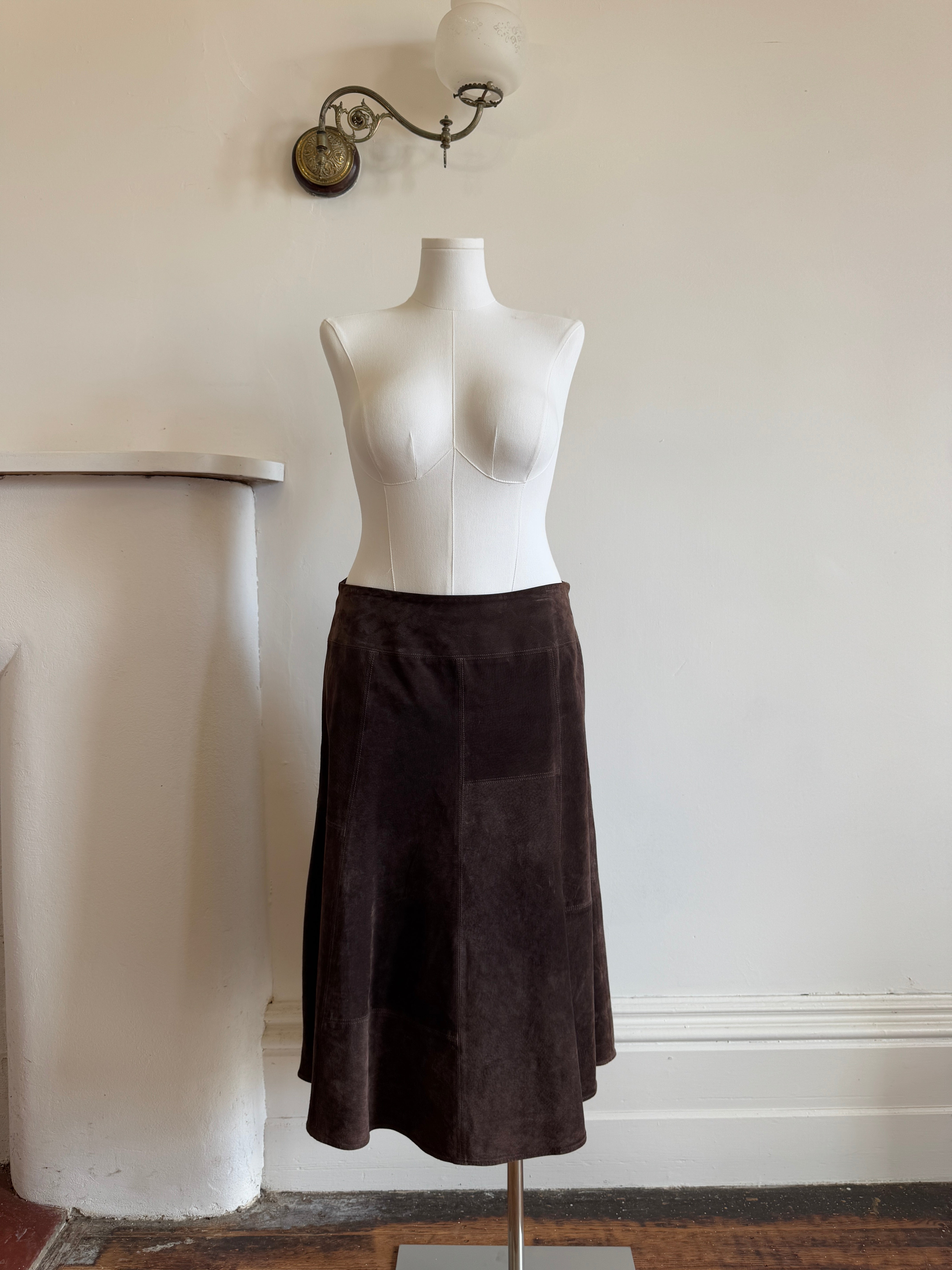Vintage 90s Chocolate Patchwork Suede Leather Skirt