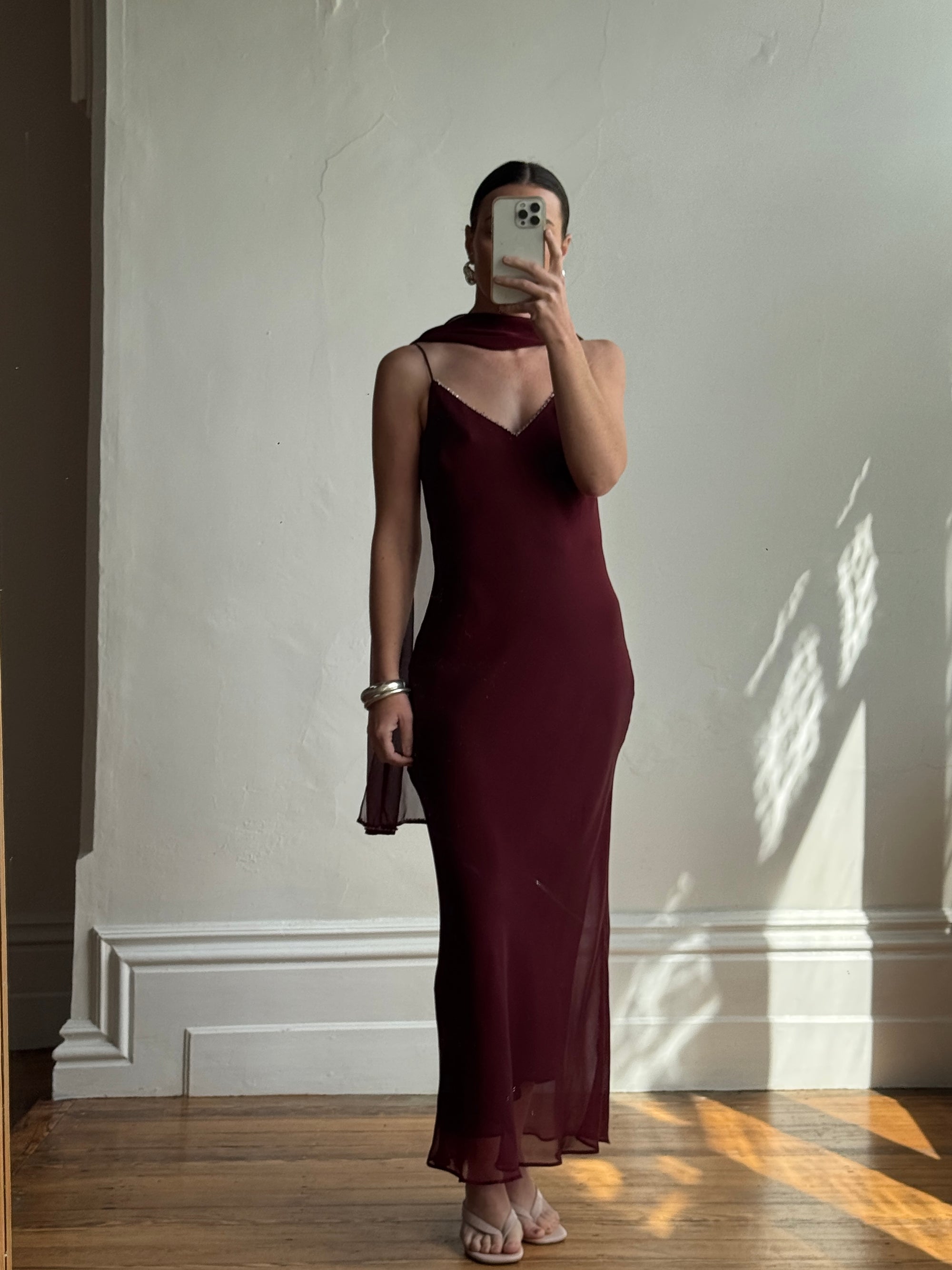 Vintage 90s Burgundy Slip Dress With Pink Sequins and Scarf