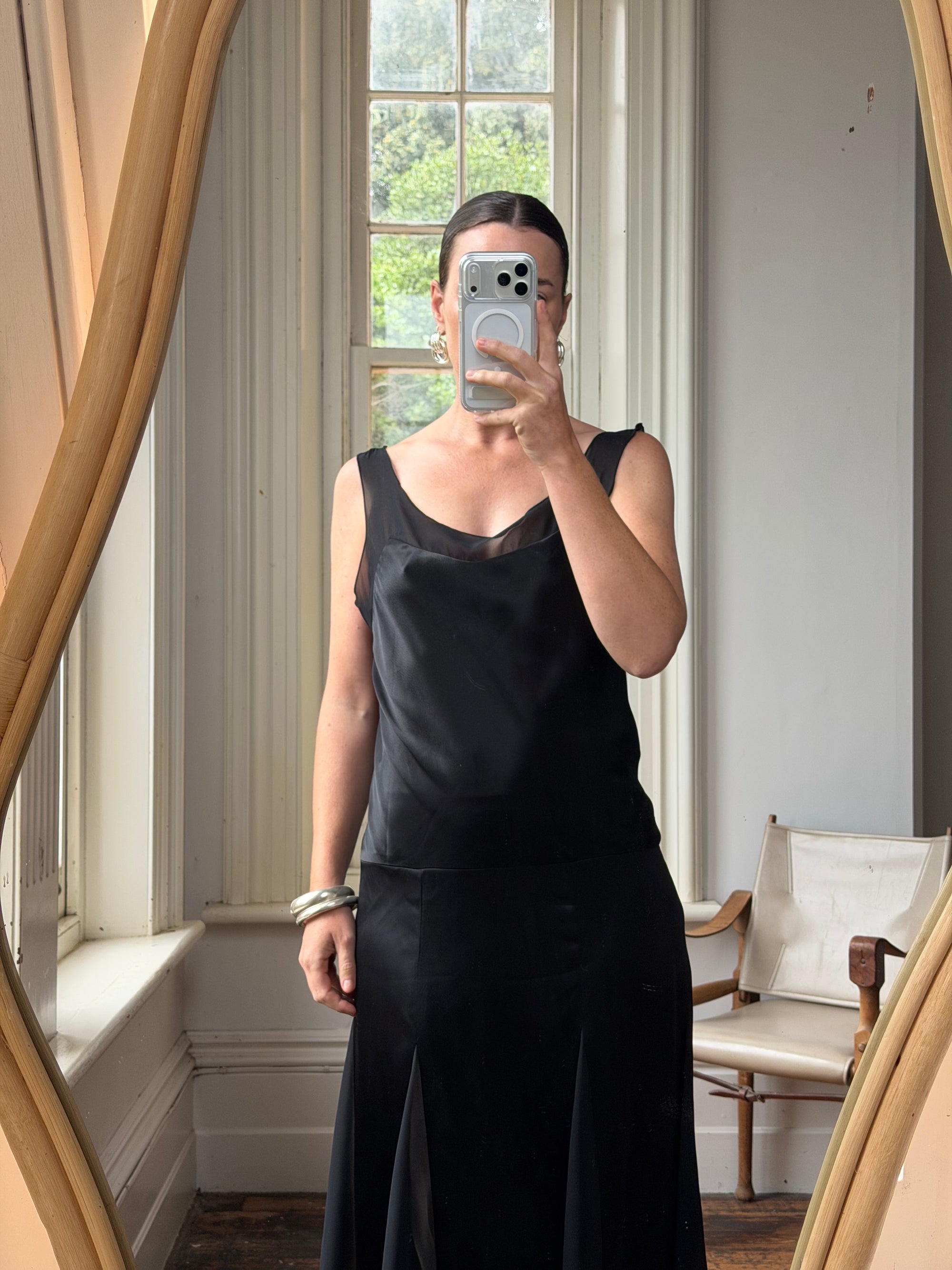 Vintage 90s Satin Drop Waist Midi Dress Noir