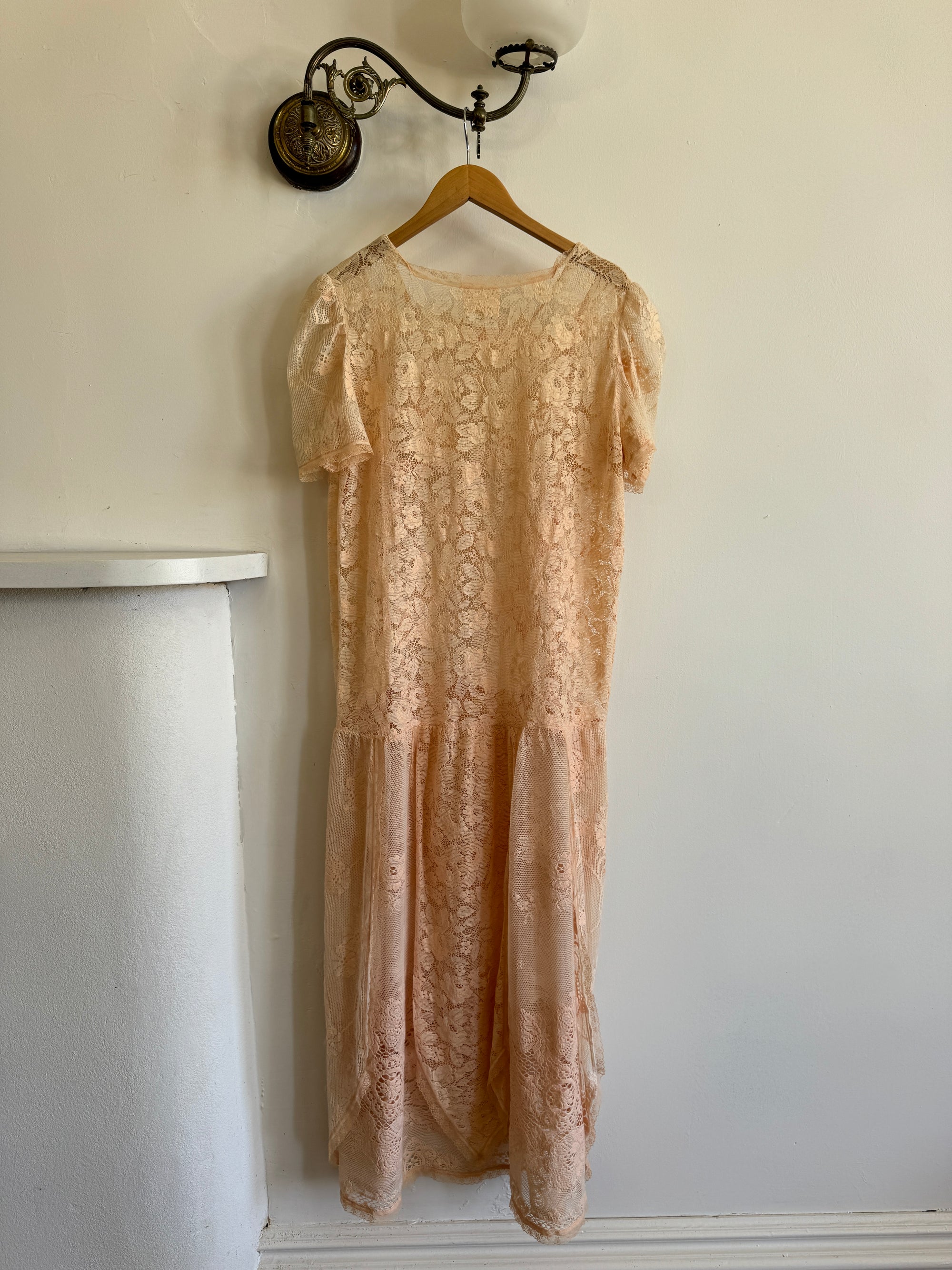 Vintage 70s Peach Cotton Lace Drop Waist Dress