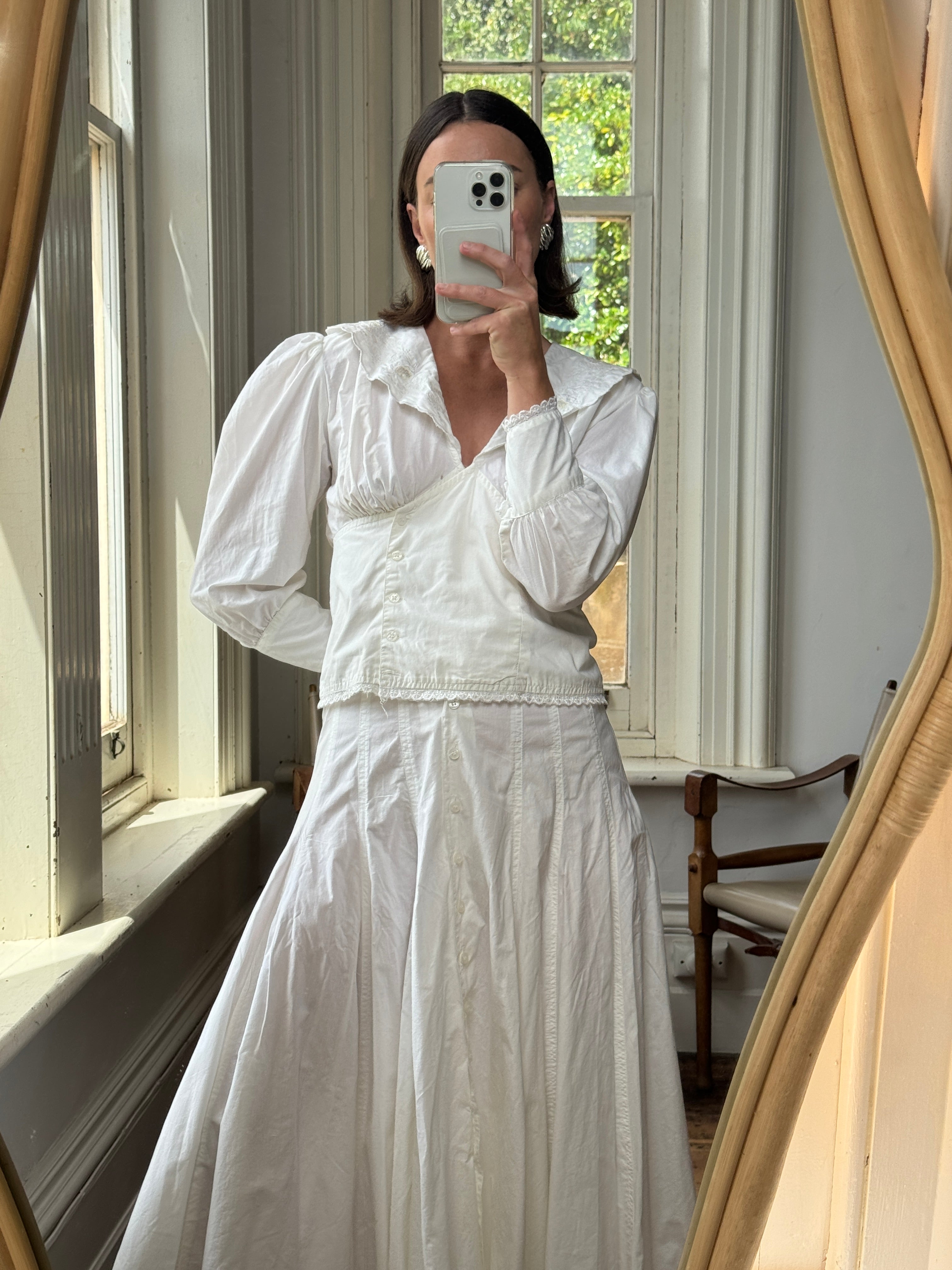 Vintage 80s Cotton Prairie Blouse and A Line Skirt Set