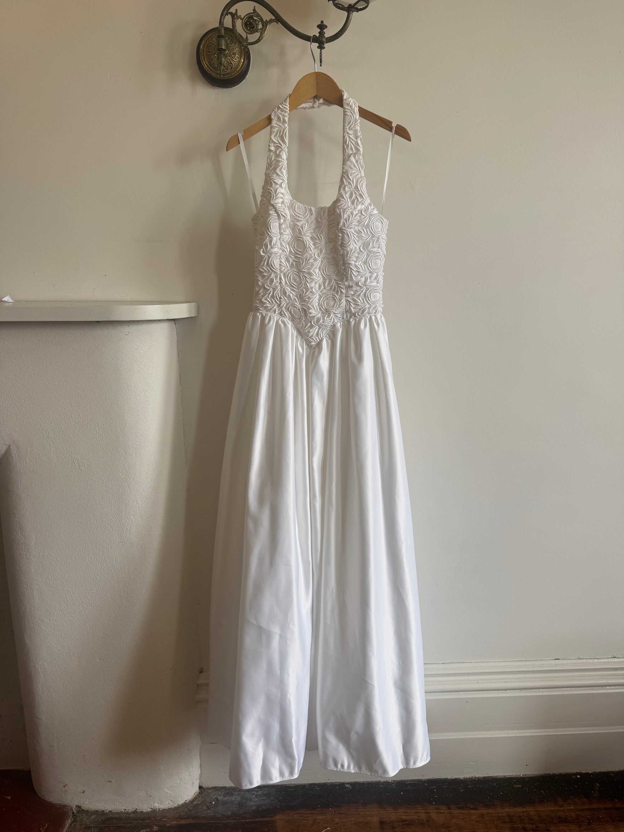 Vintage 90s Australian Made Lace Halter Satin Wedding Dress