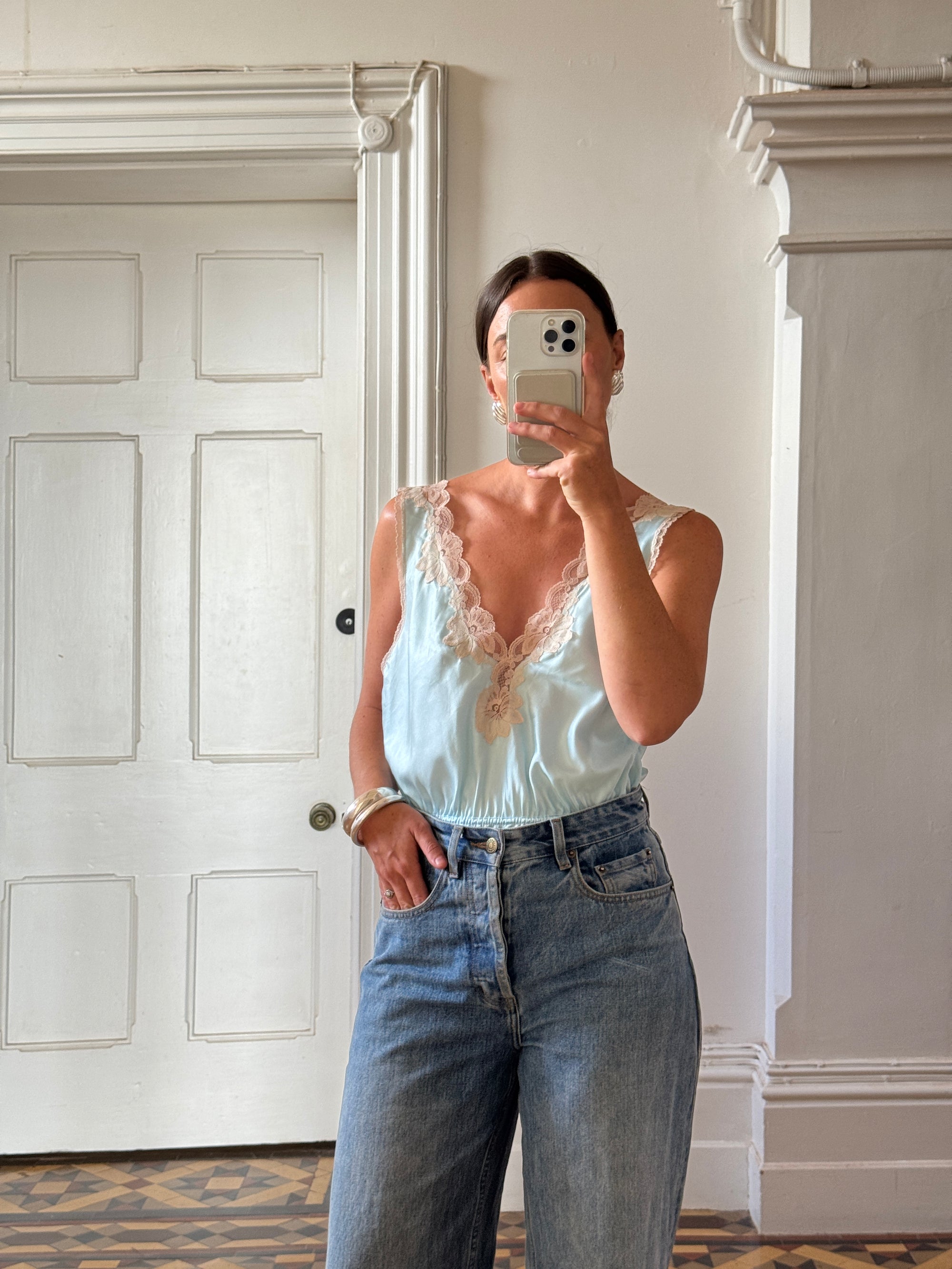 Vintage 80s Baby Blue and Creme Satin Bodysuit