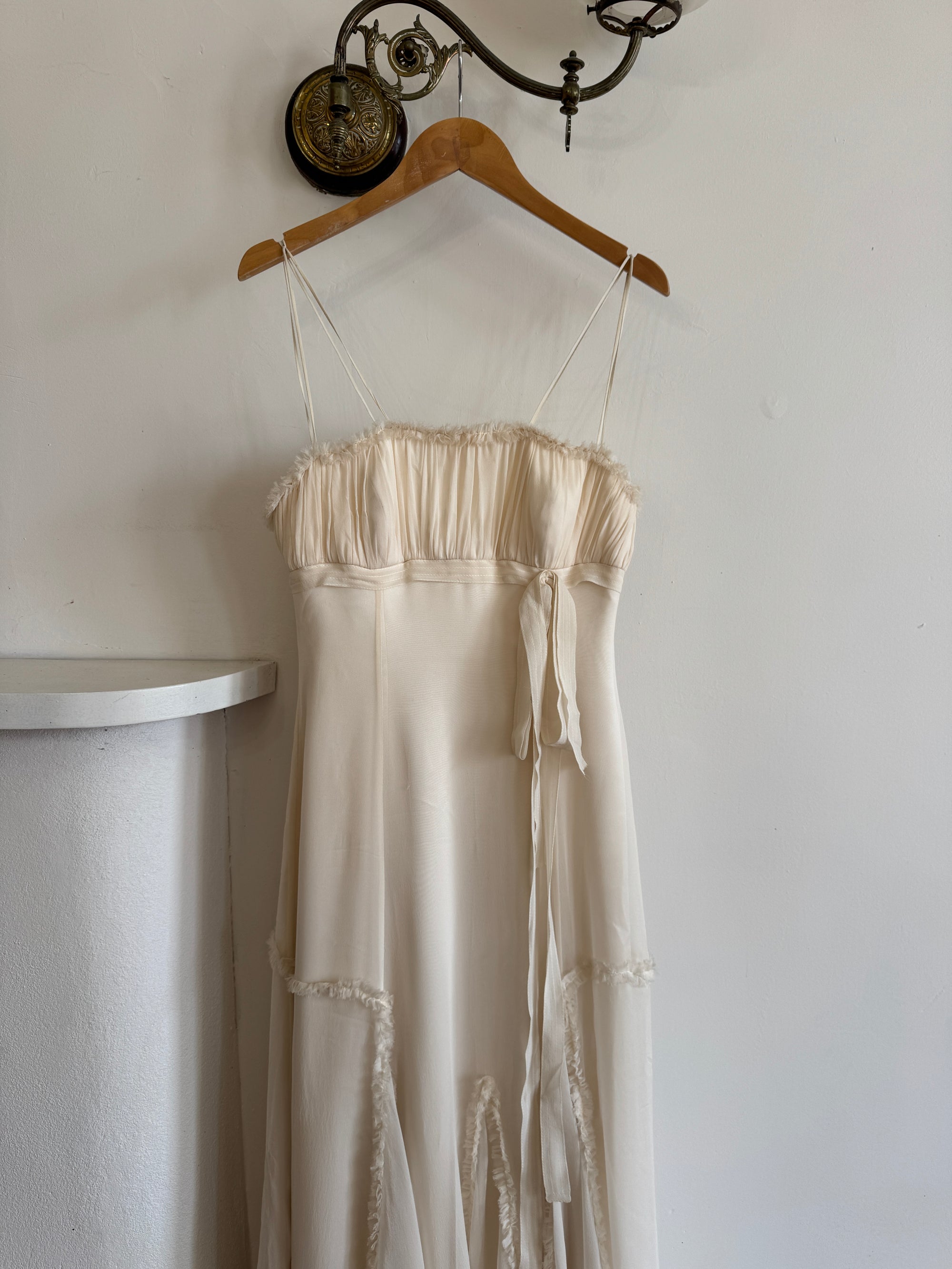 Vintage 90s Silk Chiffon Empire Wedding Gown Creme