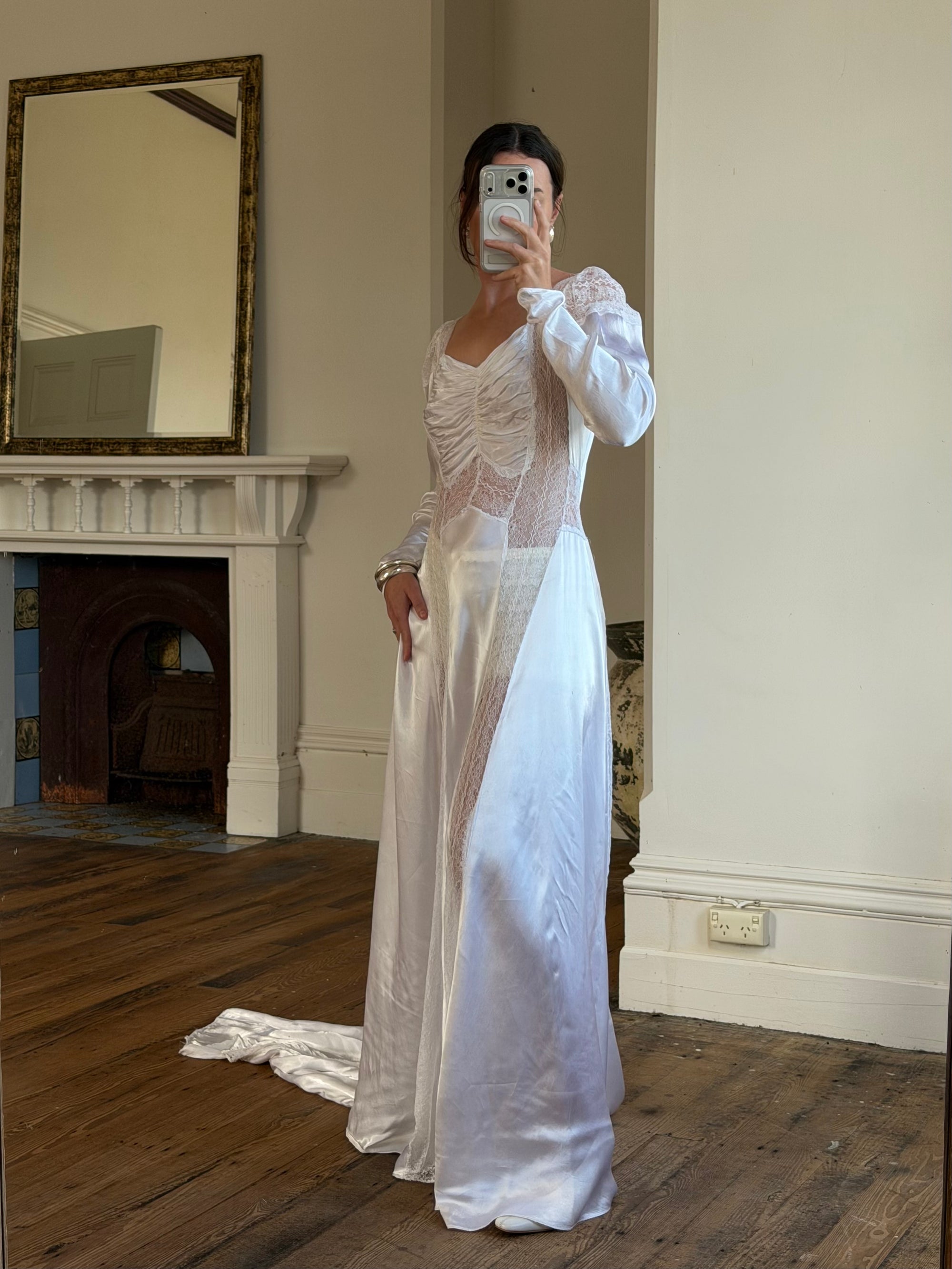 Vintage 40s Liquid Silk Satin Sheer Lace Wedding Gown