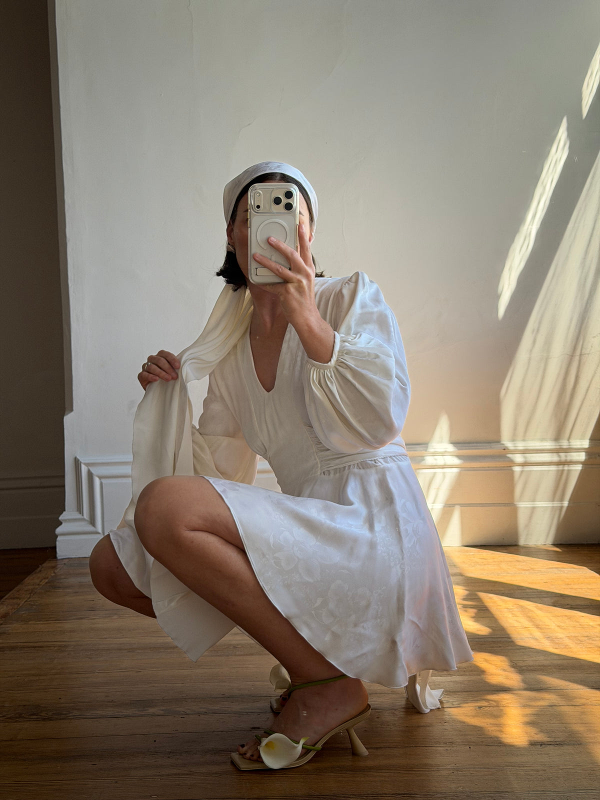Vintage 70s Satin Jacquard Poet Sleeve Mini Dress