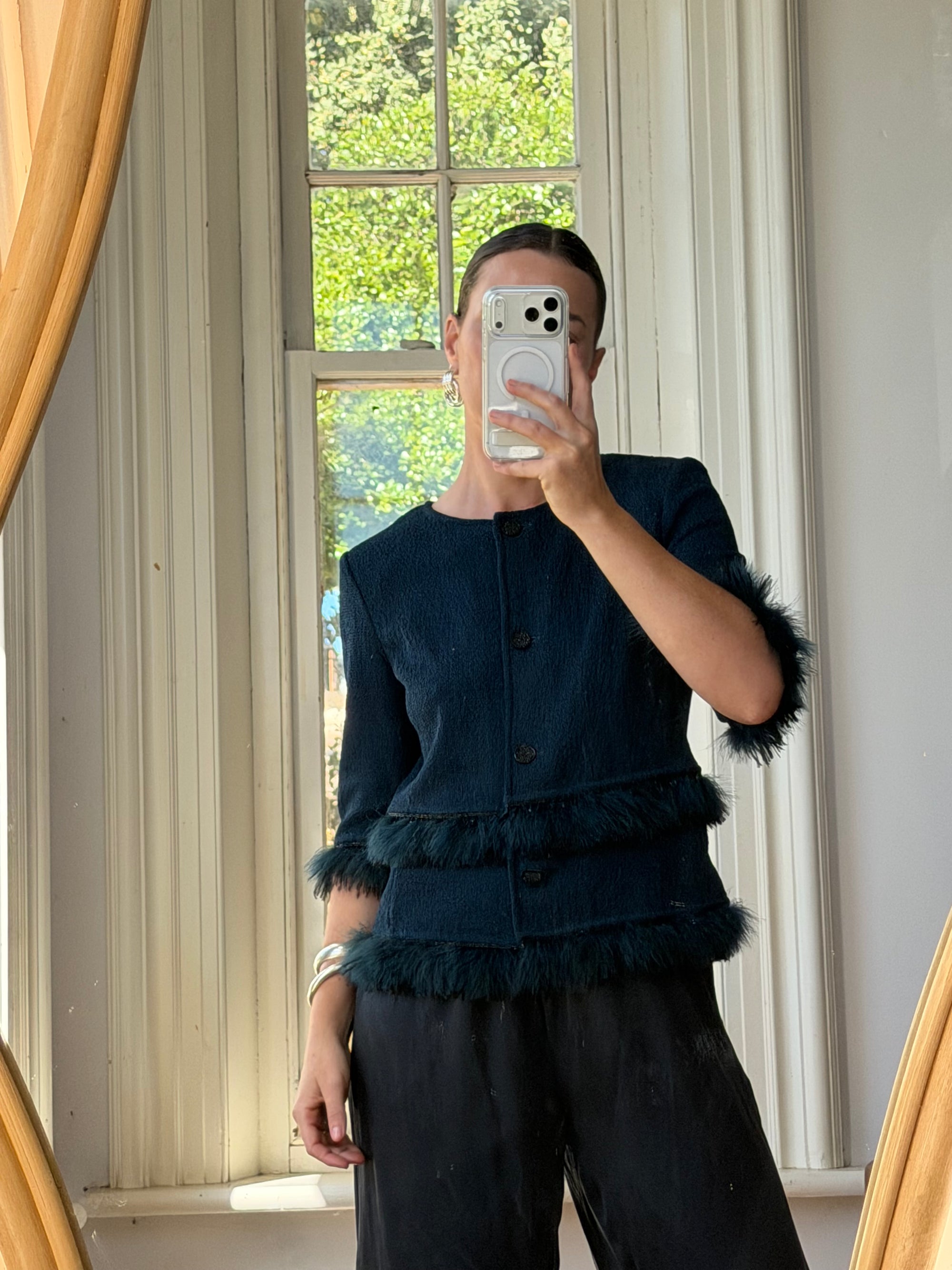 Vintage 90s Couture Ostrich Feather Jacket Navy