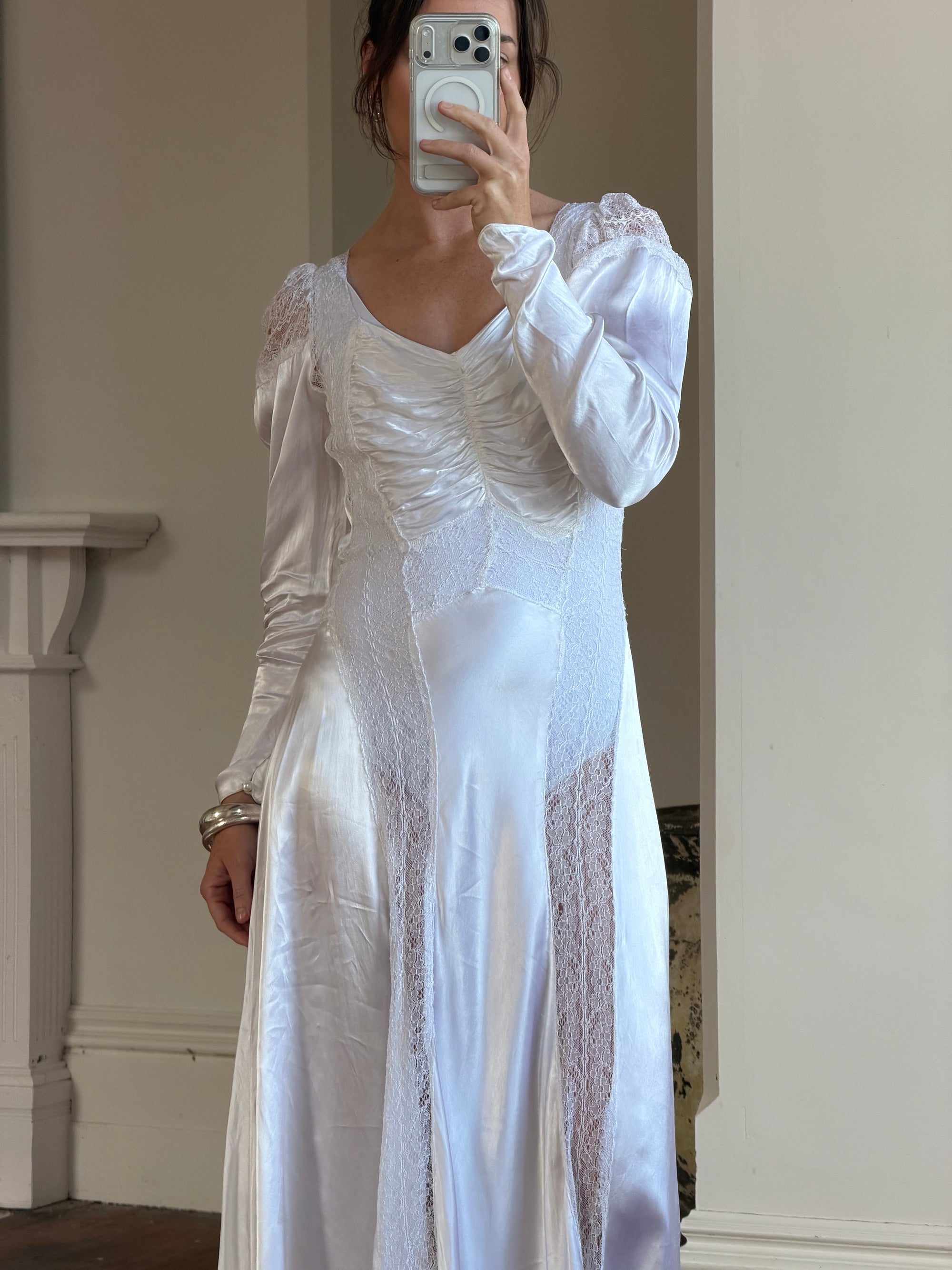 Vintage 40s Liquid Silk Satin Sheer Lace Wedding Gown
