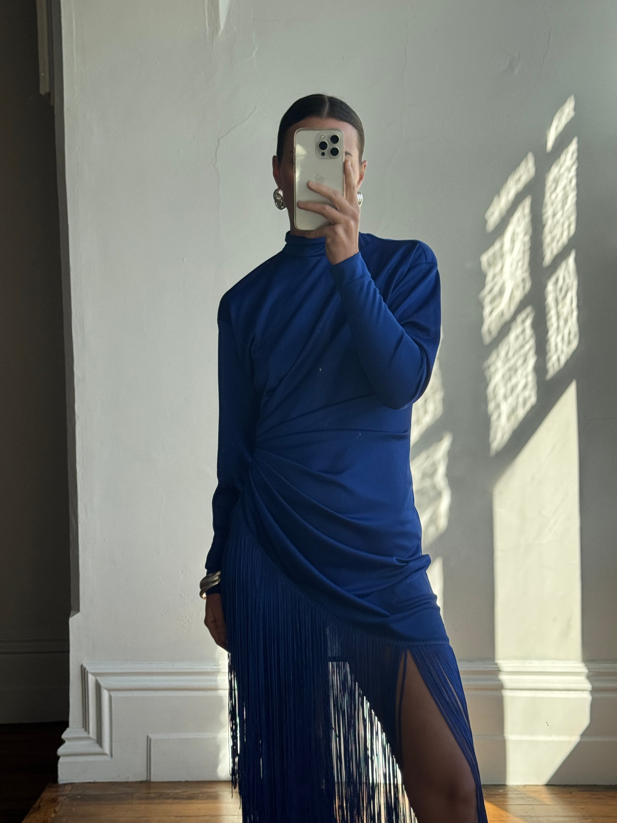 Vintage 80s Royal Blue Long Sleeve Fringe Dress