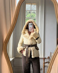 Vintage Y2K Italian Leather and Fur Belted Jacket with Hood