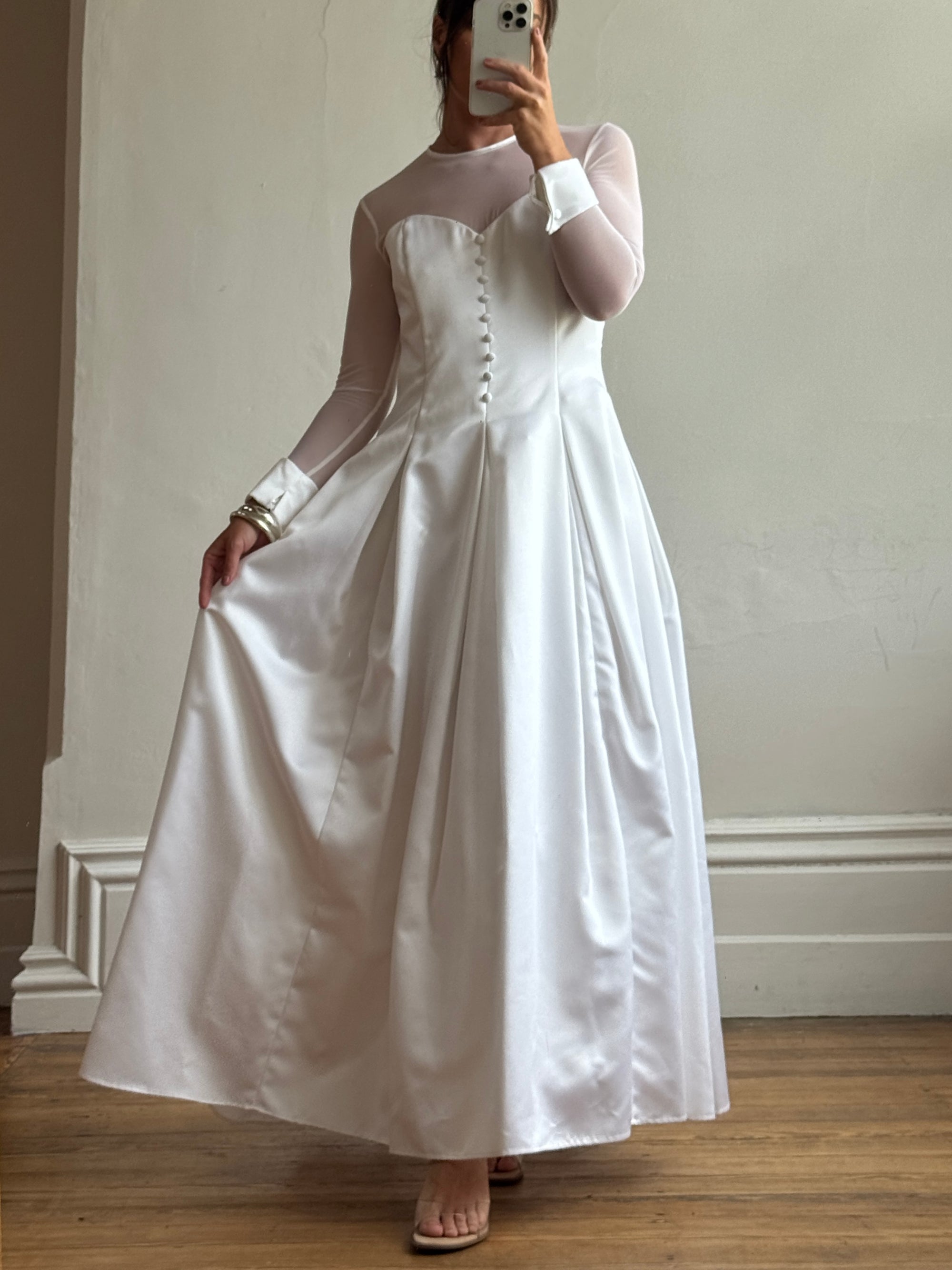 Vintage 90s Tailored Mesh Long Sleeved Wedding Gown