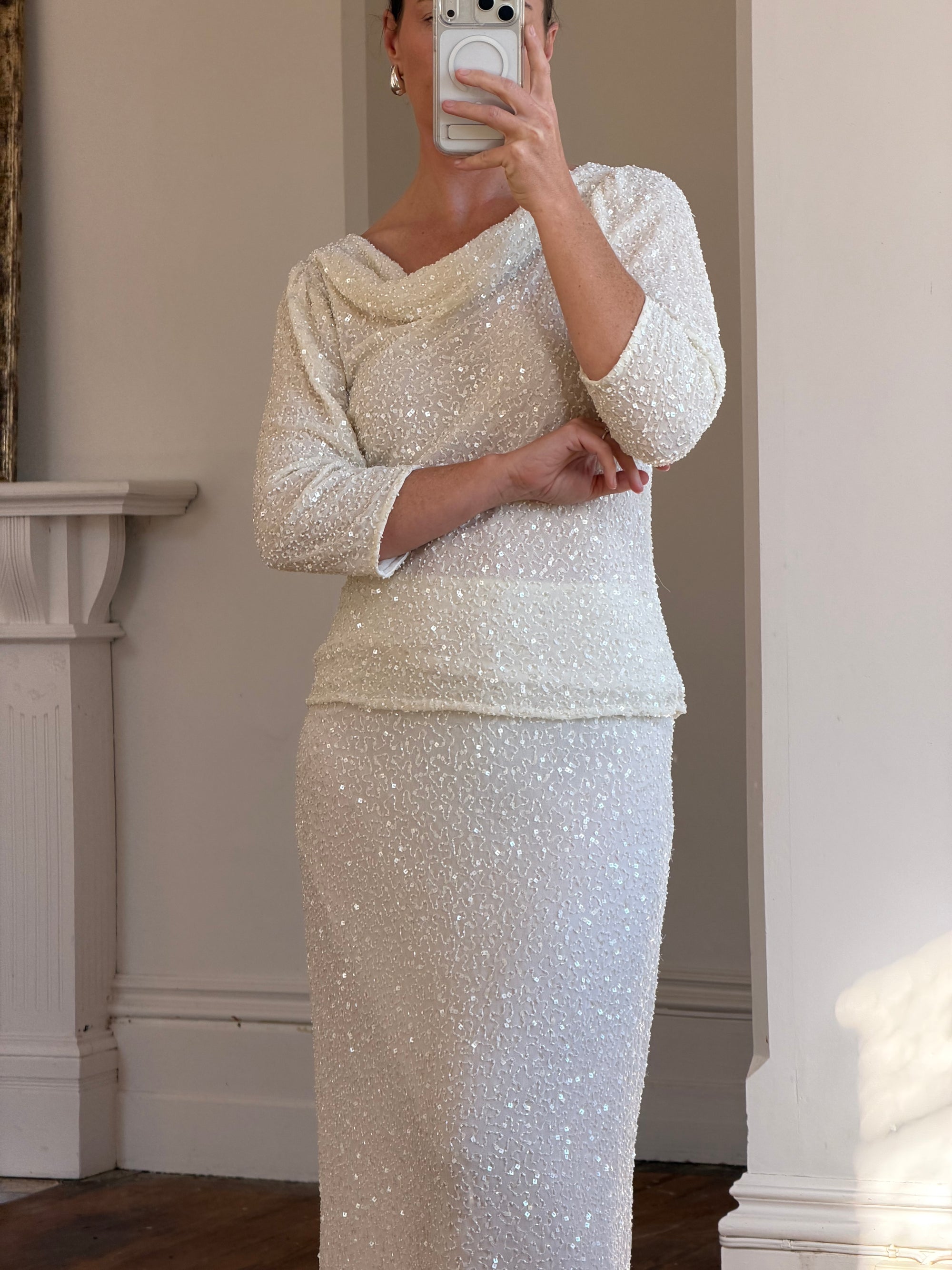 Vintage 80s Sequin Pure Silk Two Piece Bridal Set