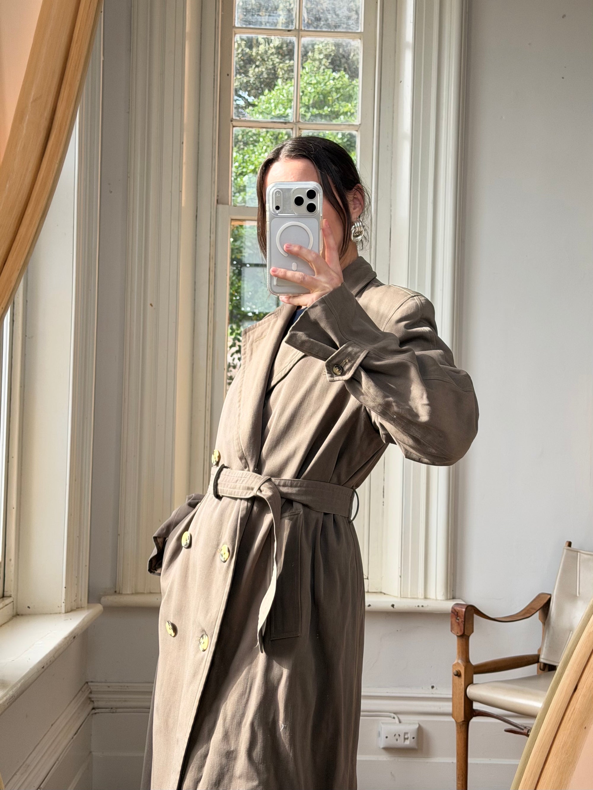 Vintage 70s Showerproof Double Breasted Trench Coat Olive