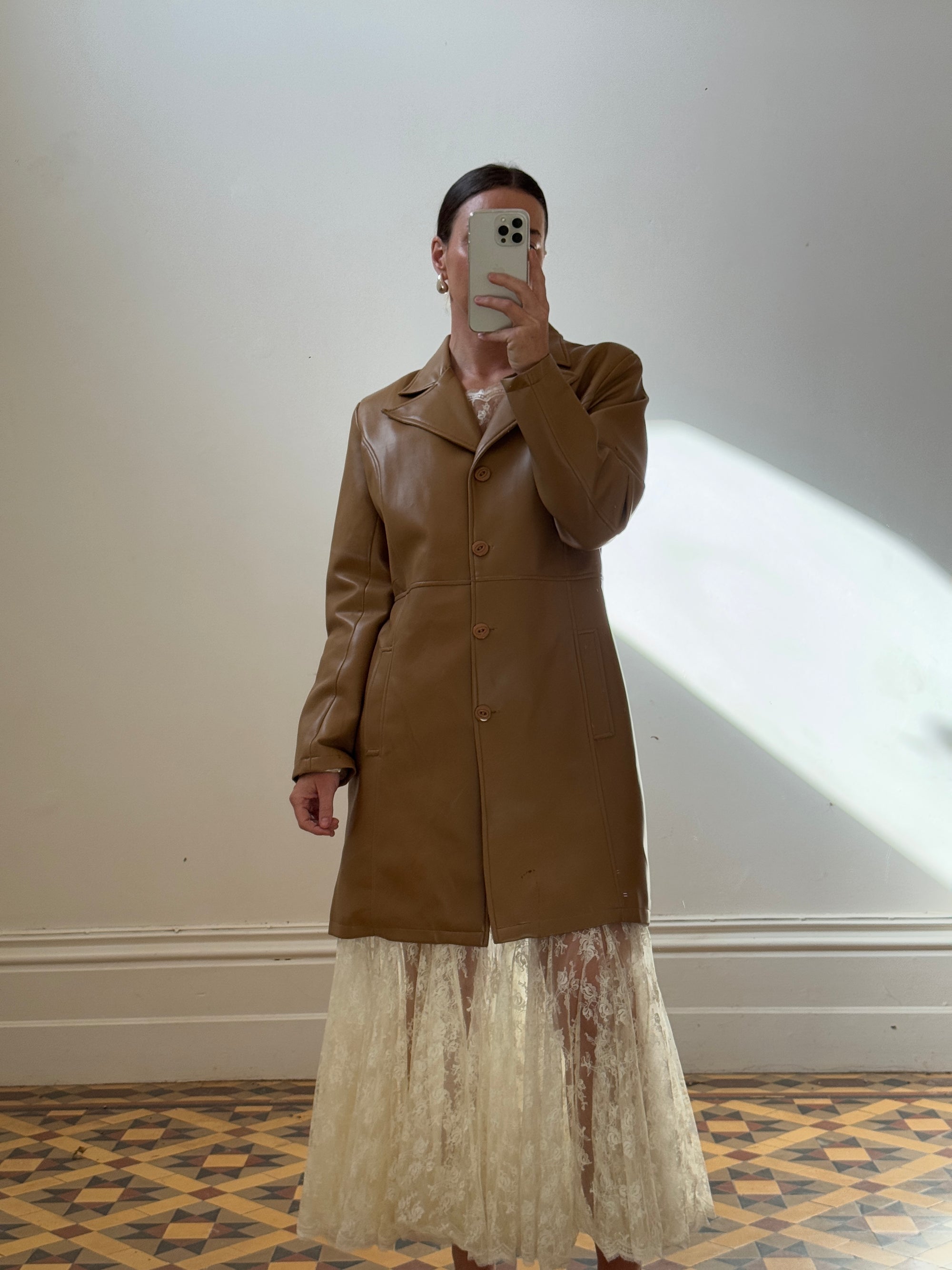Vintage Y2K Tan Faux Leather Trench Coat