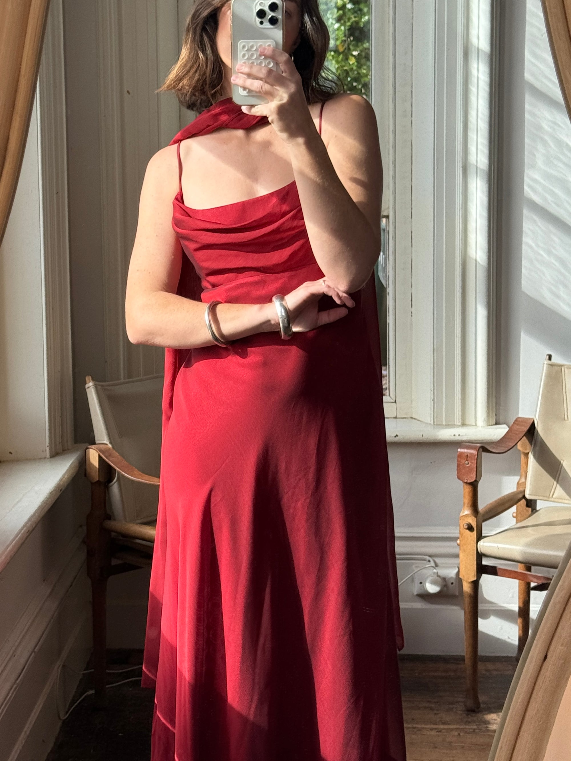 Vintage 90s Red Slip Dress with Skinny Scarf