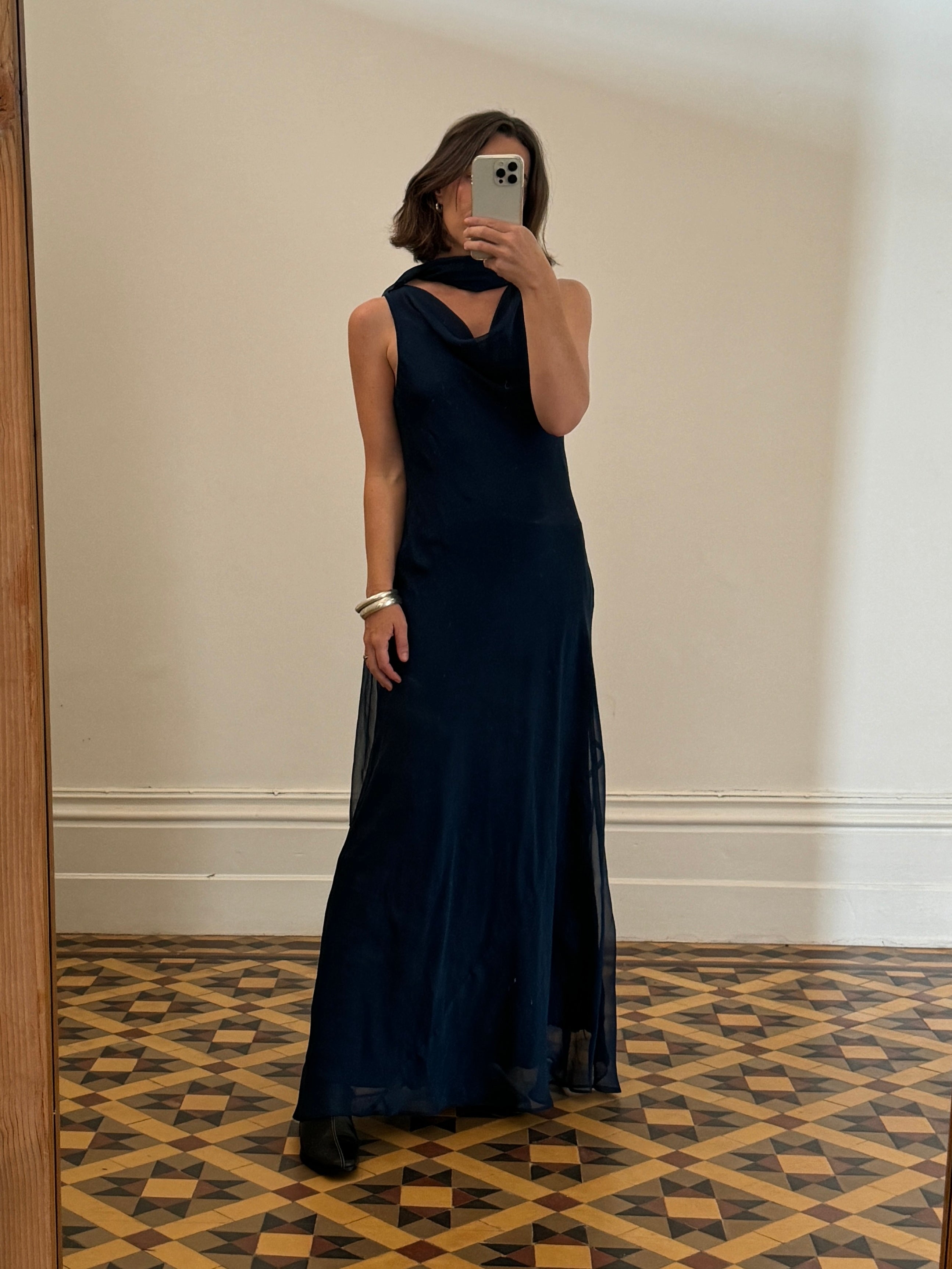 Vintage 90s Navy Cowl Neck Dress with Scarf