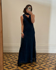 Vintage 90s Navy Cowl Neck Dress with Scarf
