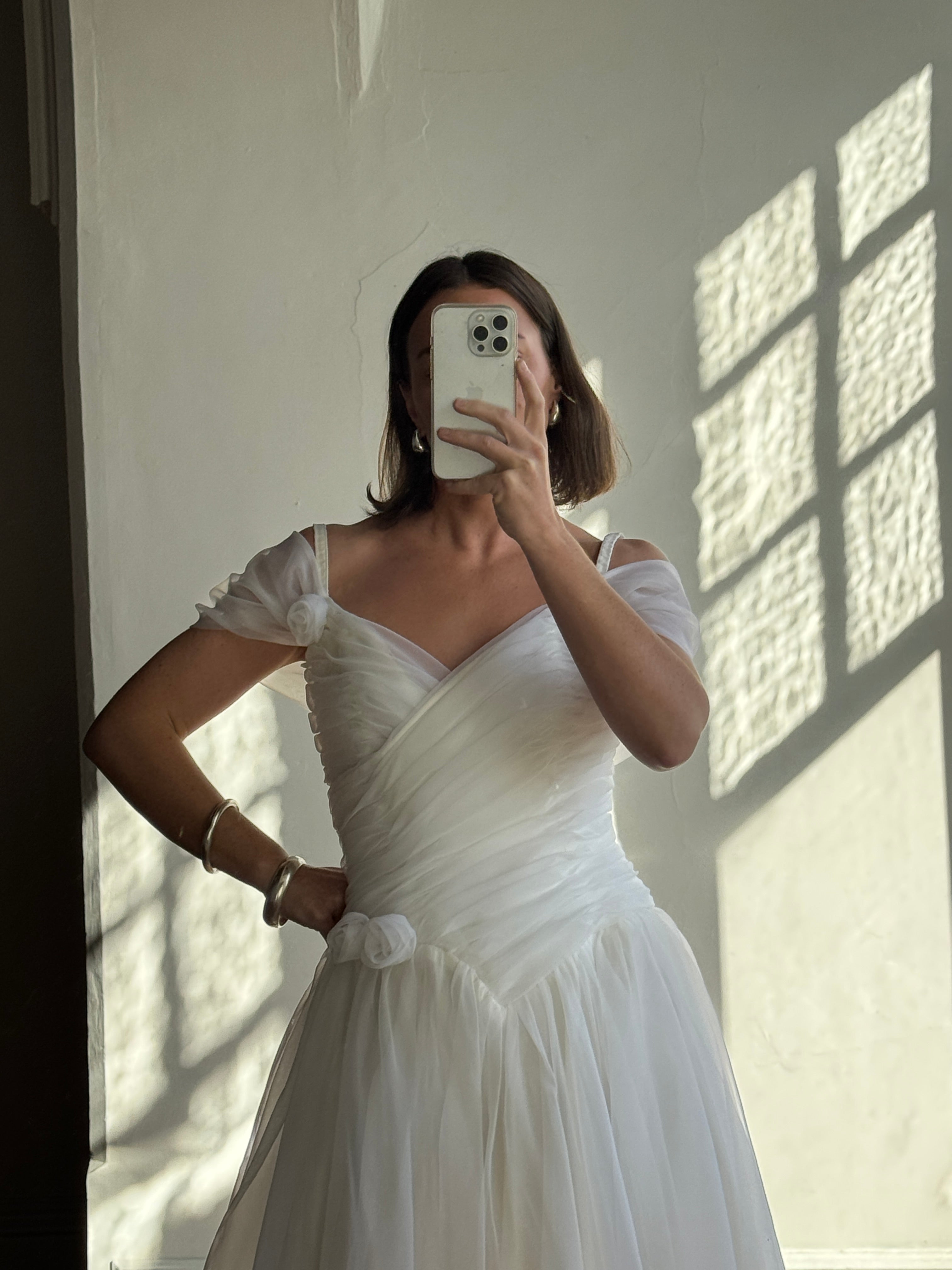 Vintage 80s Chiffon Rosette Off Shoulder Wedding Dress