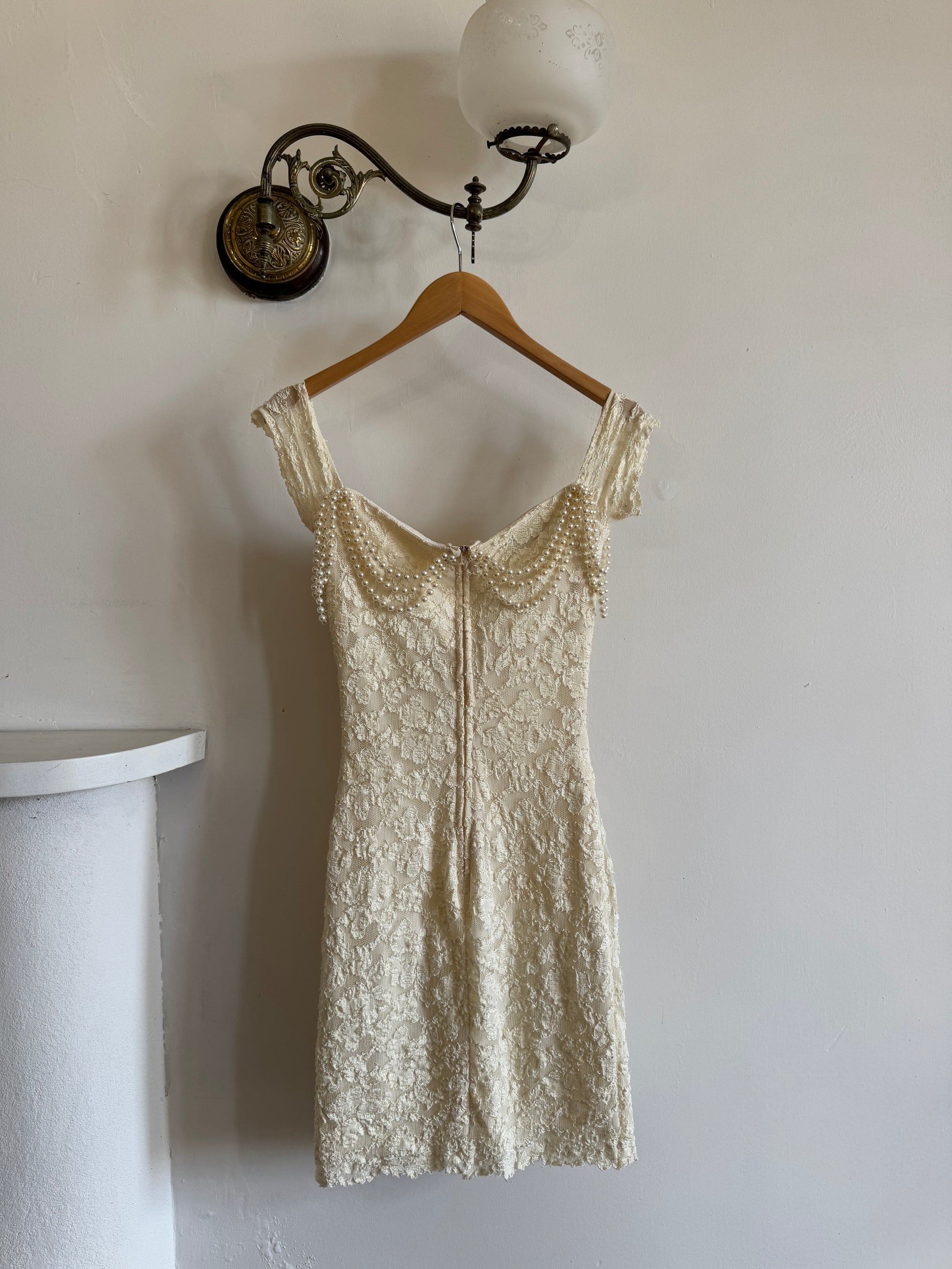Vintage 80s Draped Pearl Body Con Mini Creme