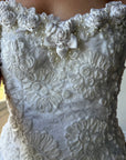 Vintage 80s 3D Floral Off Shoulder Bridal Gown and Veil