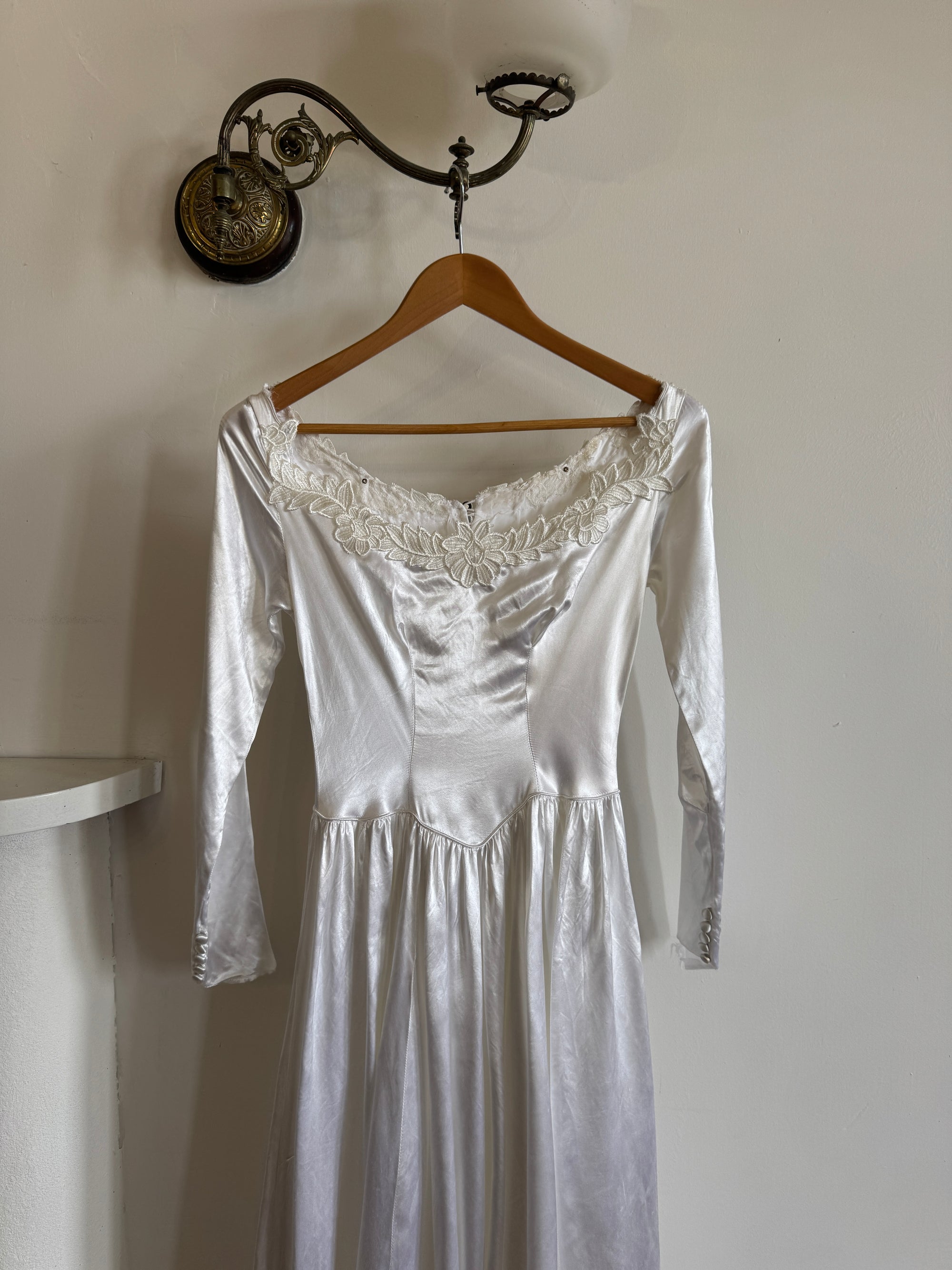 Vintage 50s Liquid Satin Scoop Applique Wedding Gown