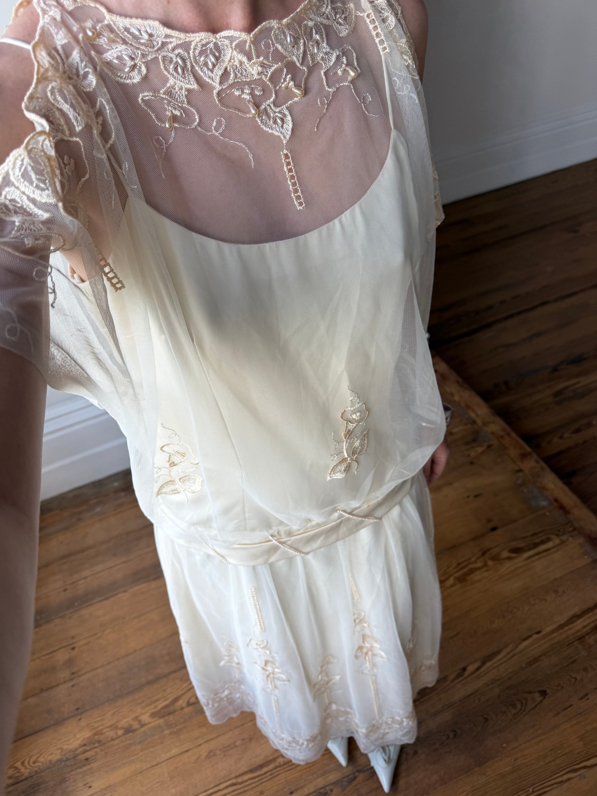 Vintage 80s Drop Waist Floral Sheer Midi Dress Creme