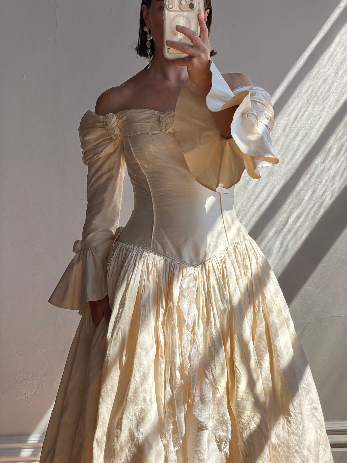 Vintage 90s Silk Dupion Off Shoulder Rosette Bridal Ballgown